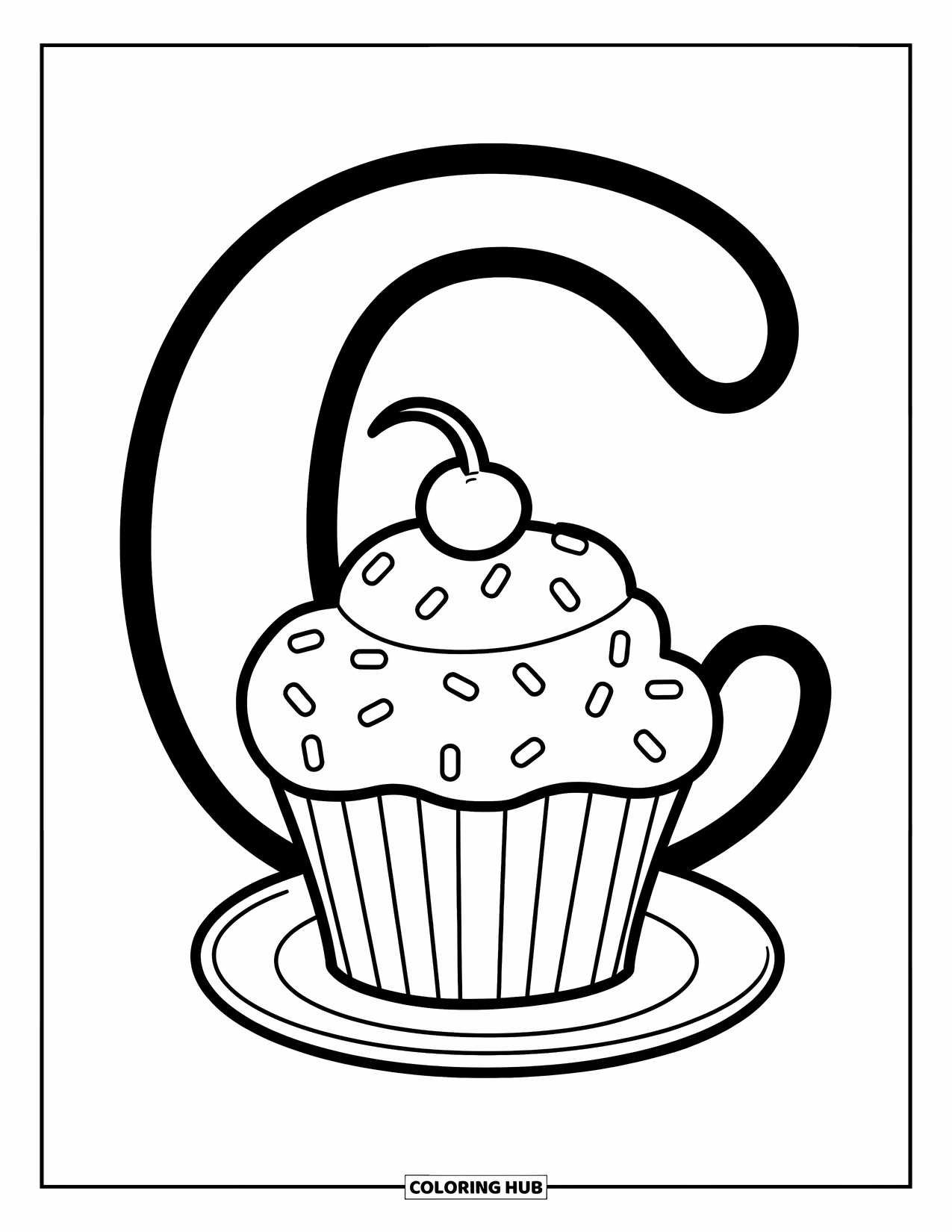 Letter C Coloring Page for Kids: Cupcake with sprinkles sits on a plate beside a bold letter C