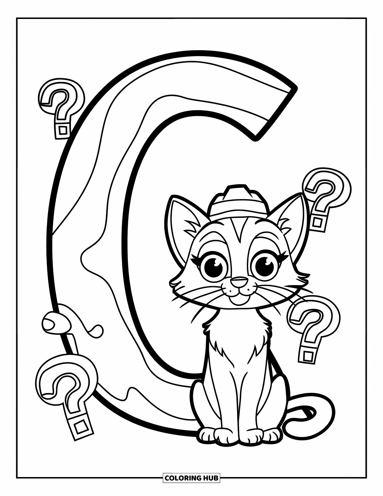 Letter C Coloring Page for Kids: Cute cat in a hat sits next to a wavy C with question marks nearby