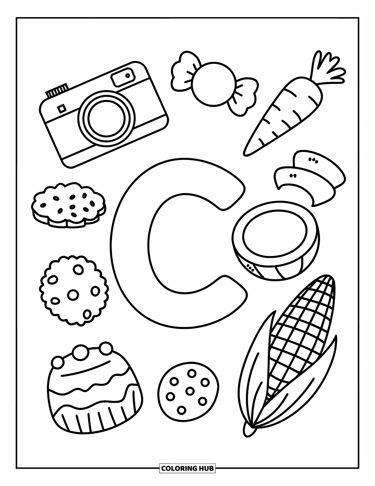 Letter C Coloring Page for Kids: Cute letter C sits with a camera, carrot, coconut, candy, cookie, cake, and corn