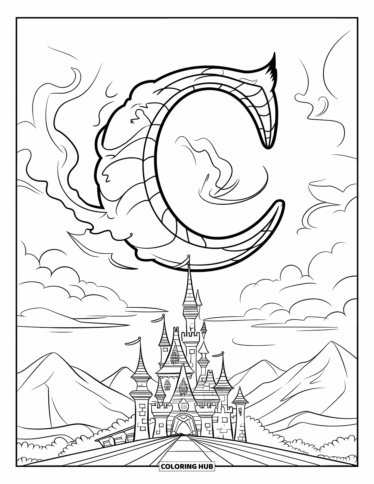Letter C Coloring Page for Kids: Fantasy castle stands tall as a smoky letter C swirls in the sky