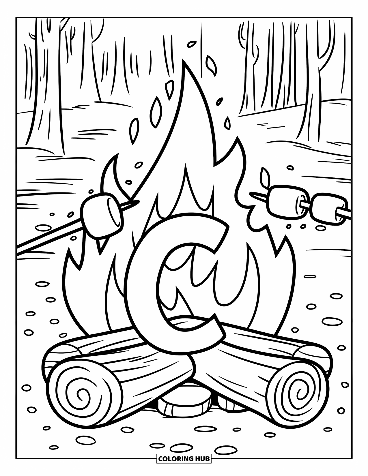 Letter C Coloring Page for Kids: Forest campfire glows while marshmallows roast beside a log with the letter C