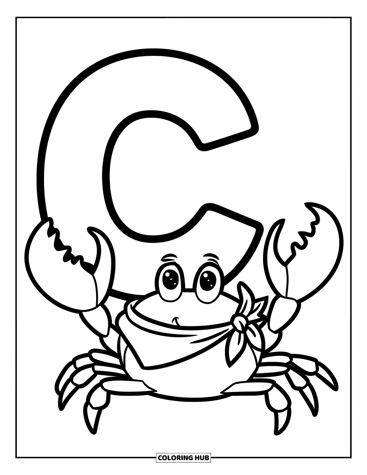 Letter C Coloring Page for Kids: Friendly crab with big claws smiles beside a bold letter C