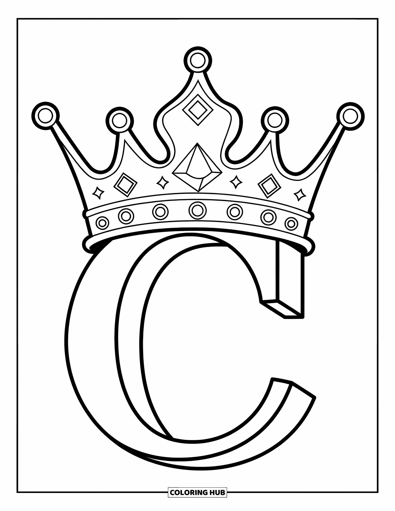 Letter C Coloring Page for Kids: Friendly crown rests on a large C, making it feel extra royal and fun