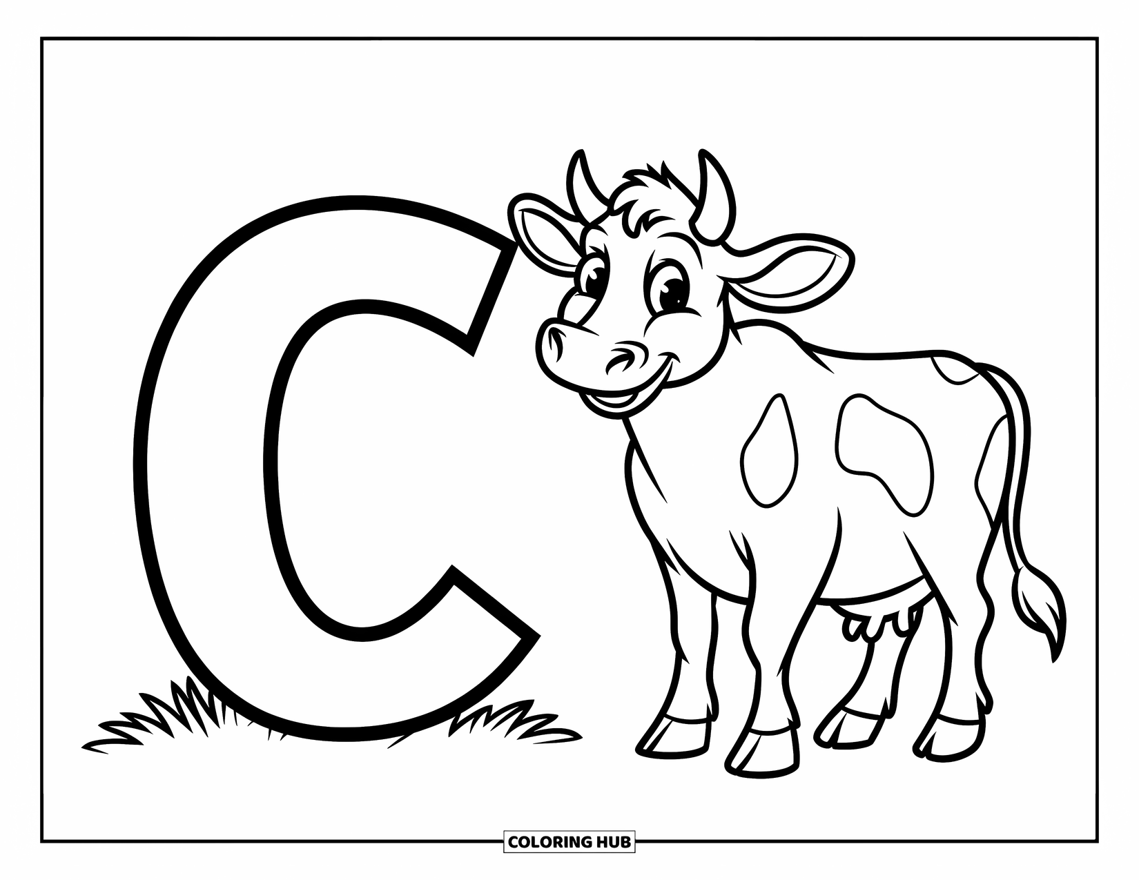 Letter C Coloring Page for Kids: Happy cow with big eyes stands on grass next to a chunky letter C