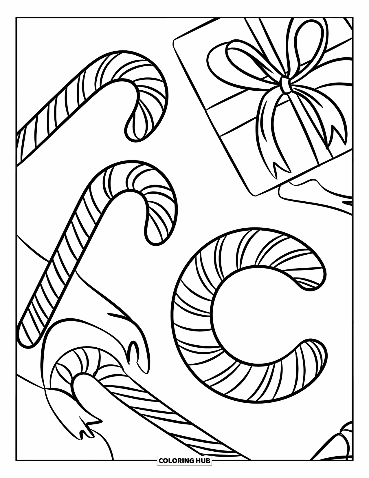 Letter C Coloring Page for Kids: Holiday gift sits near four candy canes and a C made of sweet stripes