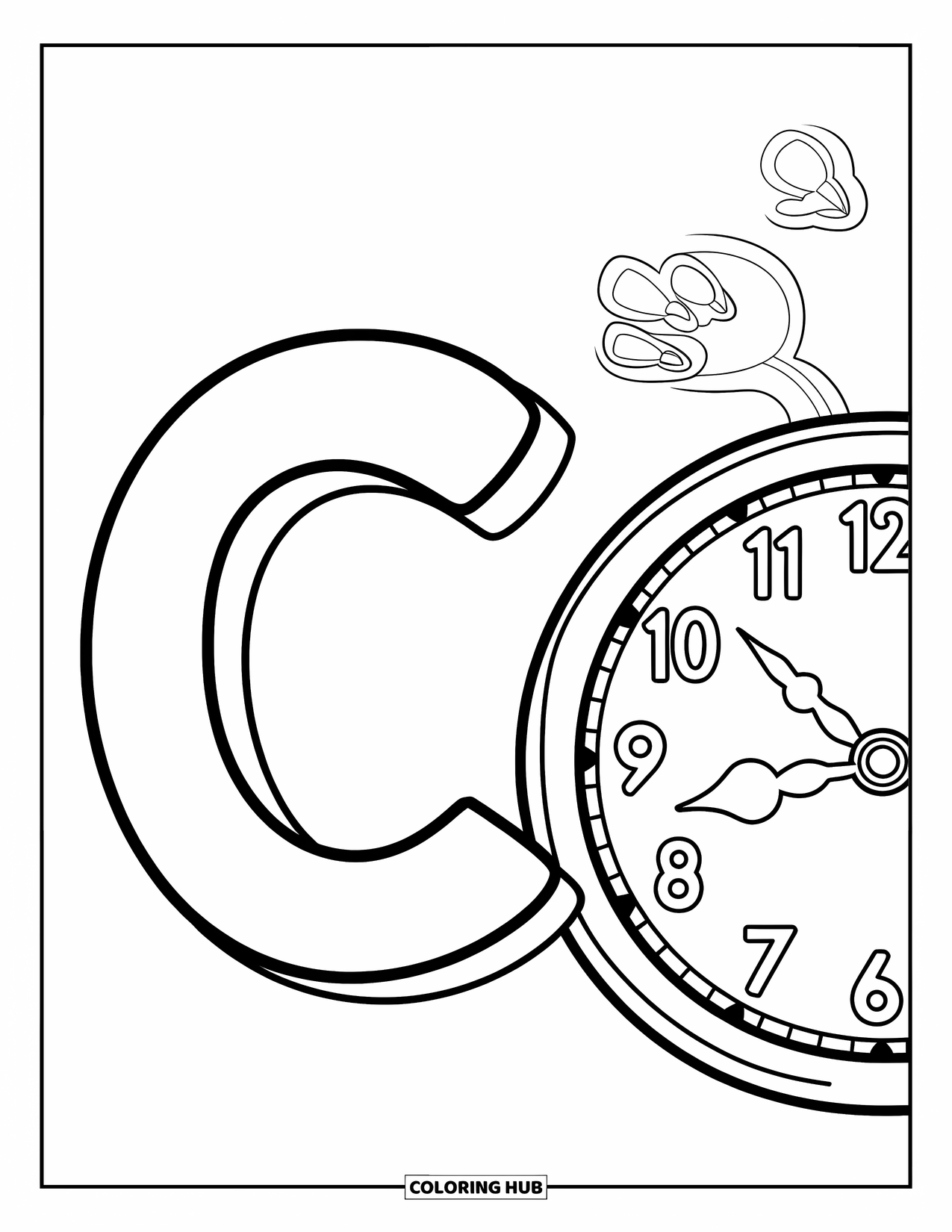 Letter C Coloring Page for Kids: Letter C stands next to a clock with hands pointing at twelve and three