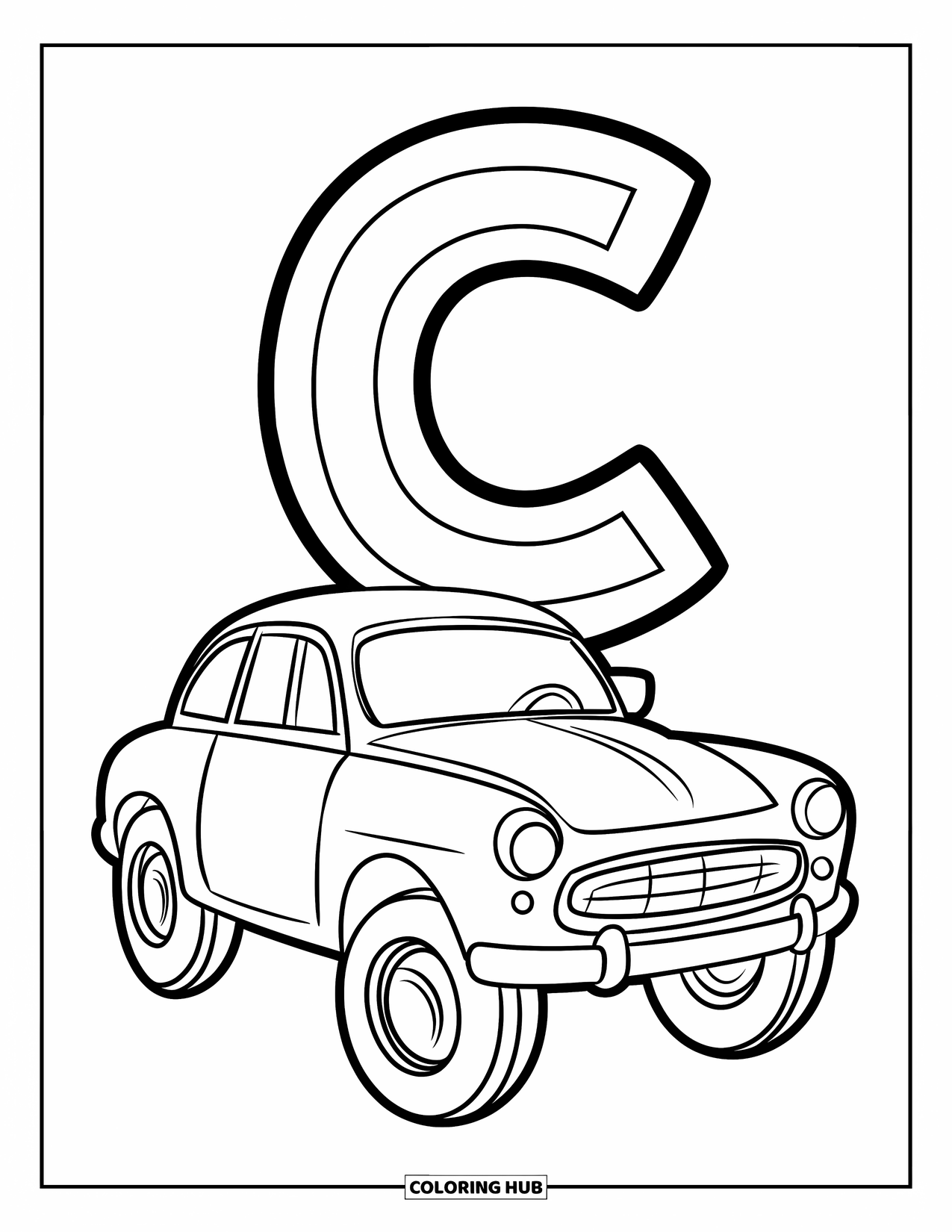 Letter C Coloring Page for Kids: Playful car with big wheels cruises under a curved letter C