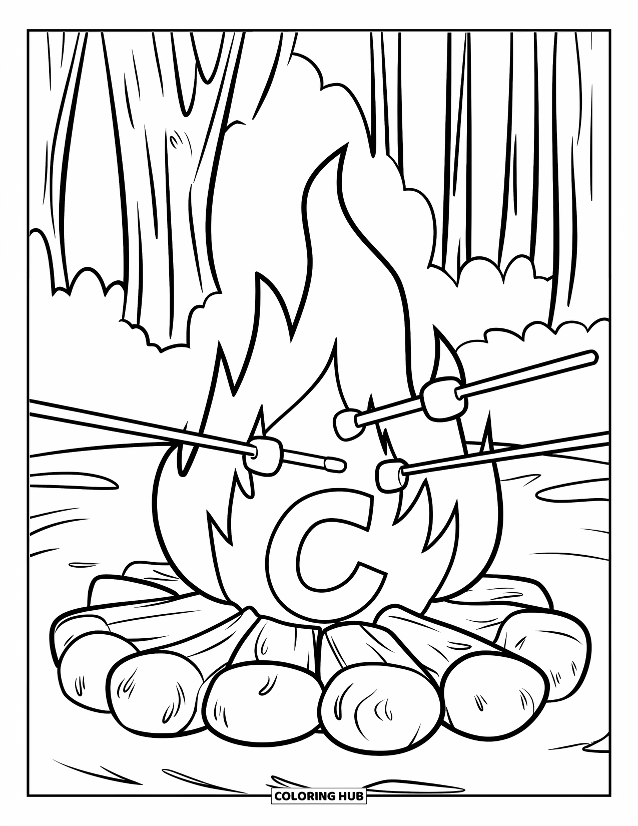 Letter C Coloring Page for Kids: Roasting marshmallows and a glowing fire sit beside a log with a carved C