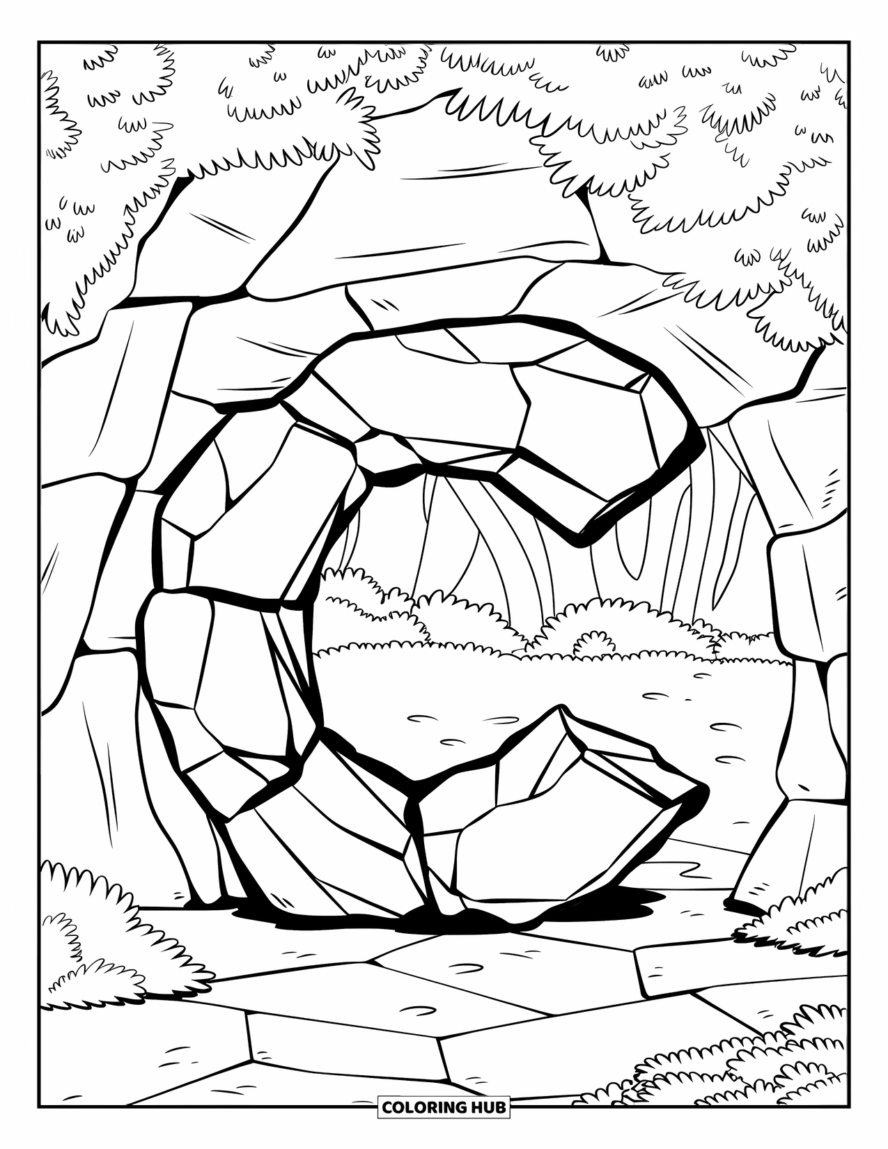 Letter C Coloring Page for Kids: Round cave entrance with leafy surroundings and a big C-shaped rock in front