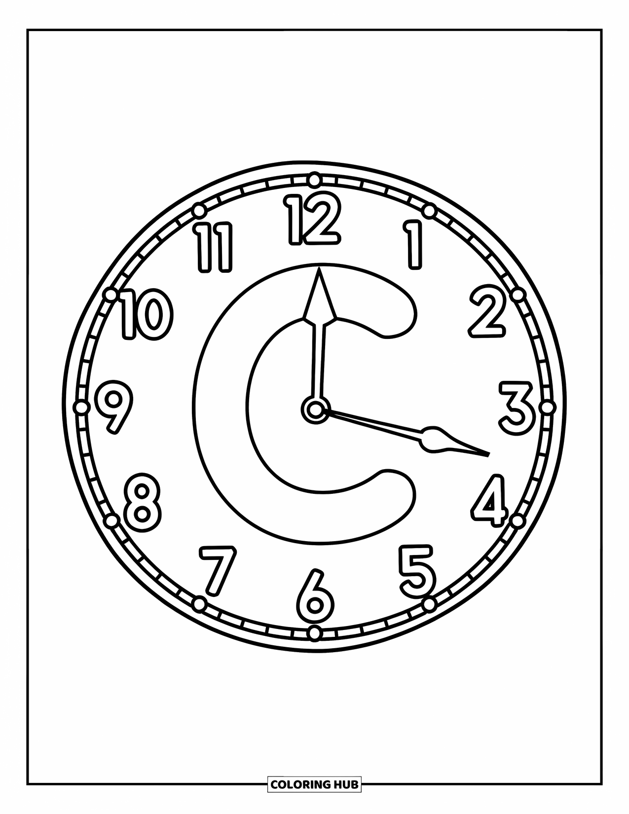 Letter C Coloring Page for Kids: Round letter C sits beside a clock pointing to twelve