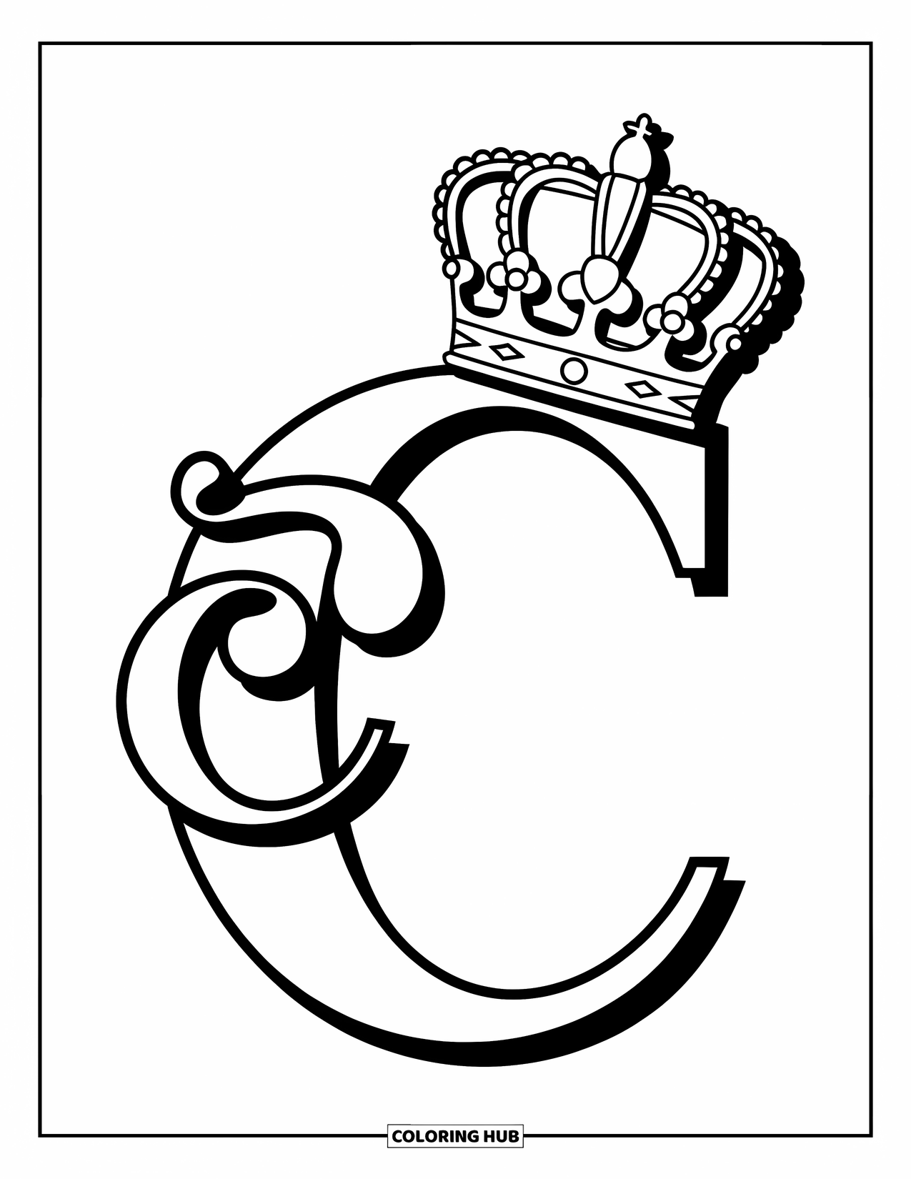 Letter C Coloring Page for Kids: Royal C with crown and scepter stands beside a small curved c