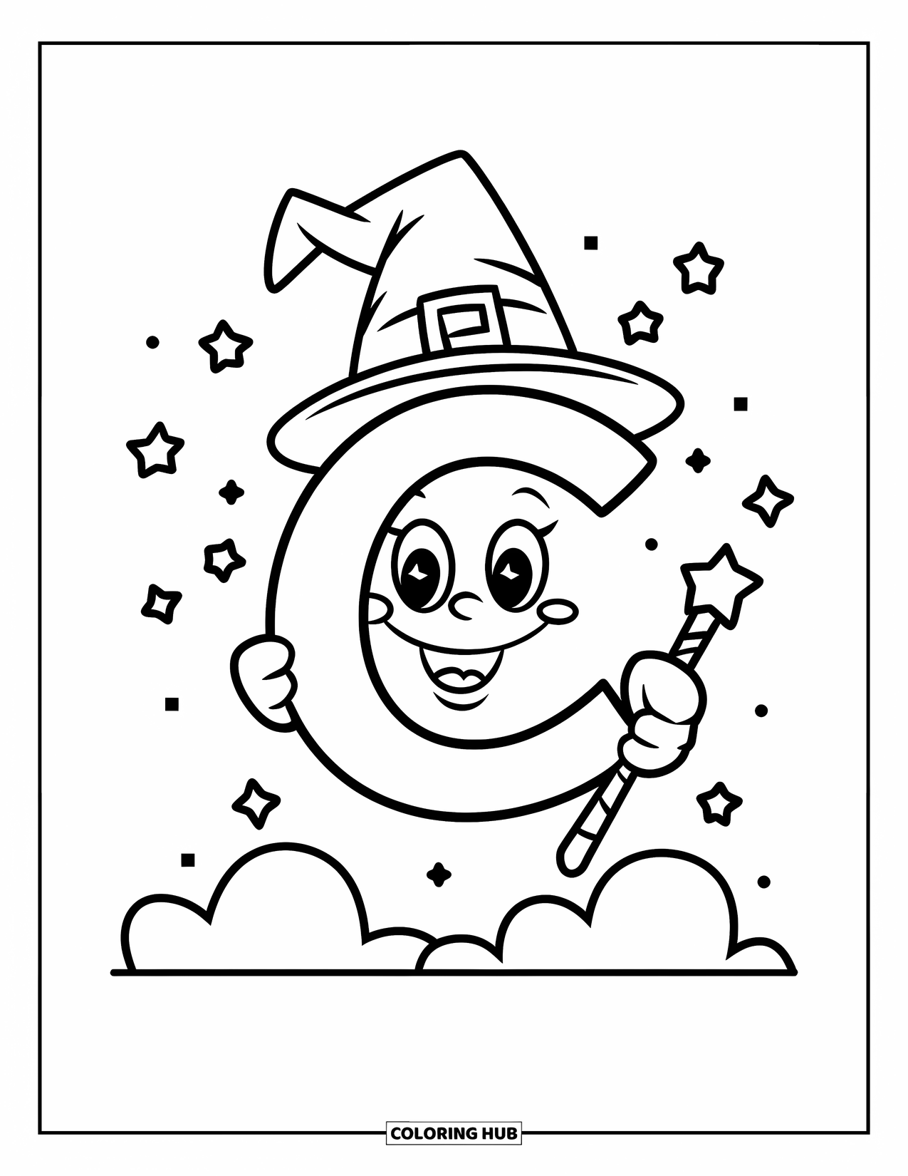 Letter C Coloring Page for Kids: Smiling C wears a wizard hat and waves a wand with stars and clouds nearby