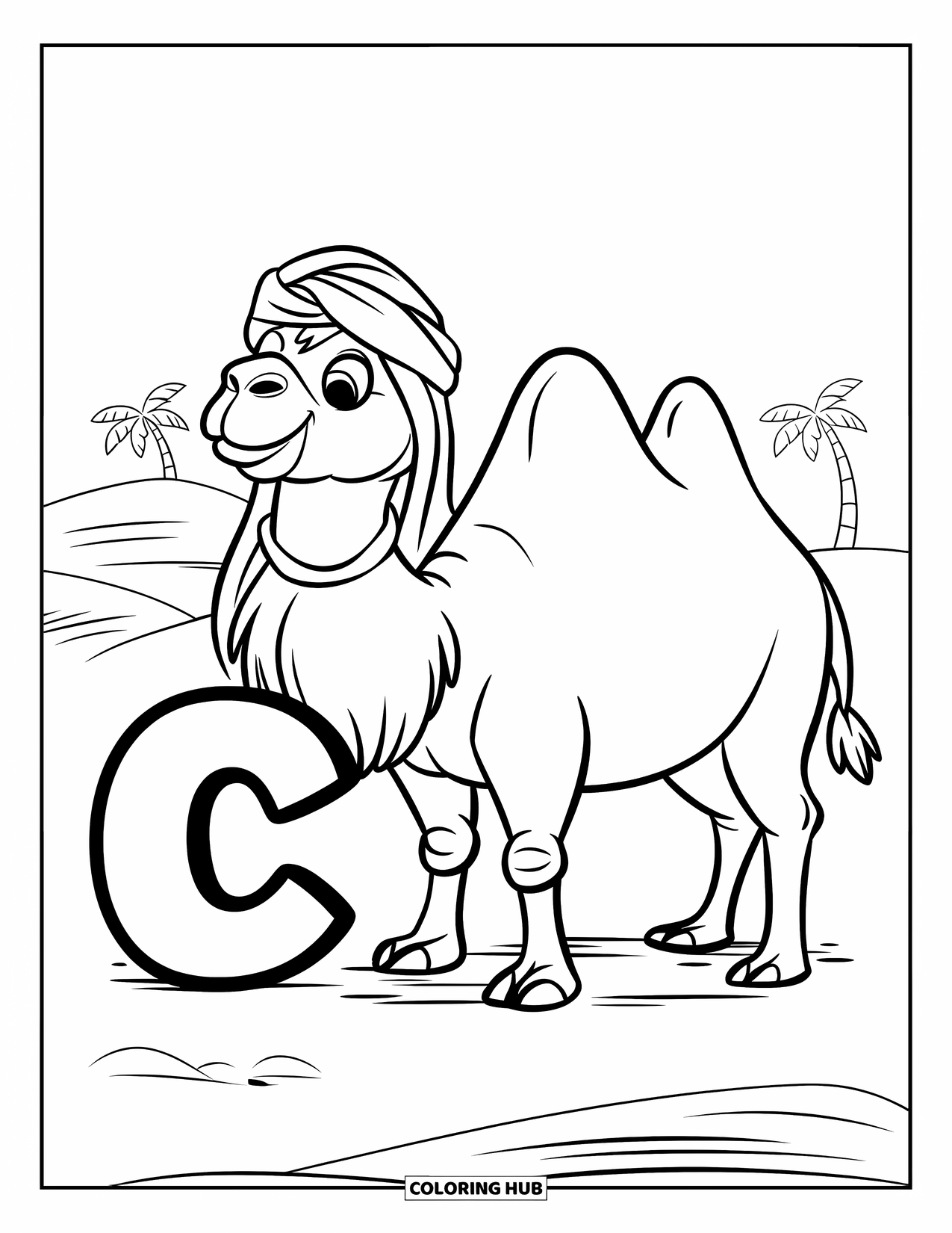 Letter C Coloring Page for Kids: Smiling camel in the desert stands near the letter C and some palm trees