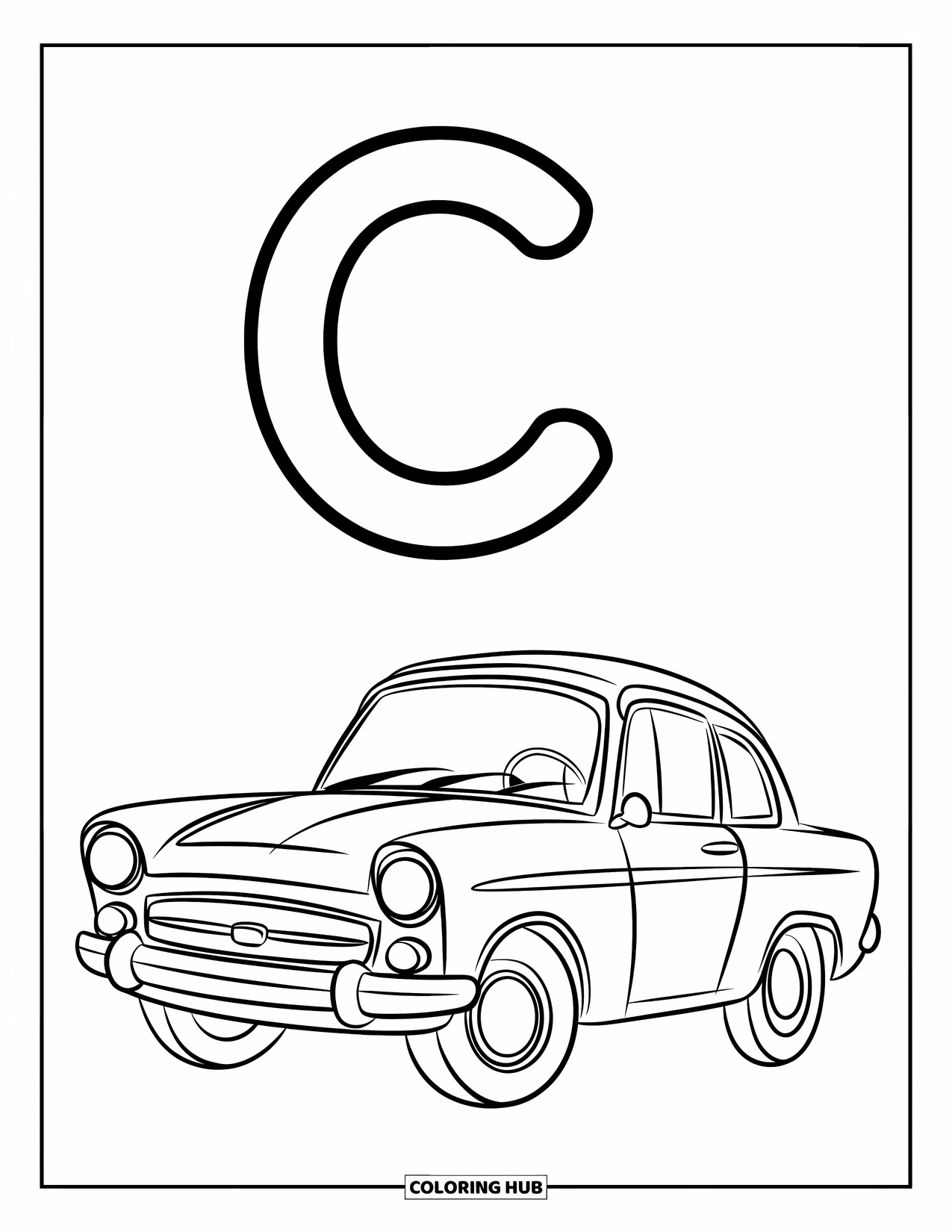 Letter C Coloring Page for Kids: Smiling car sits below a floating letter C