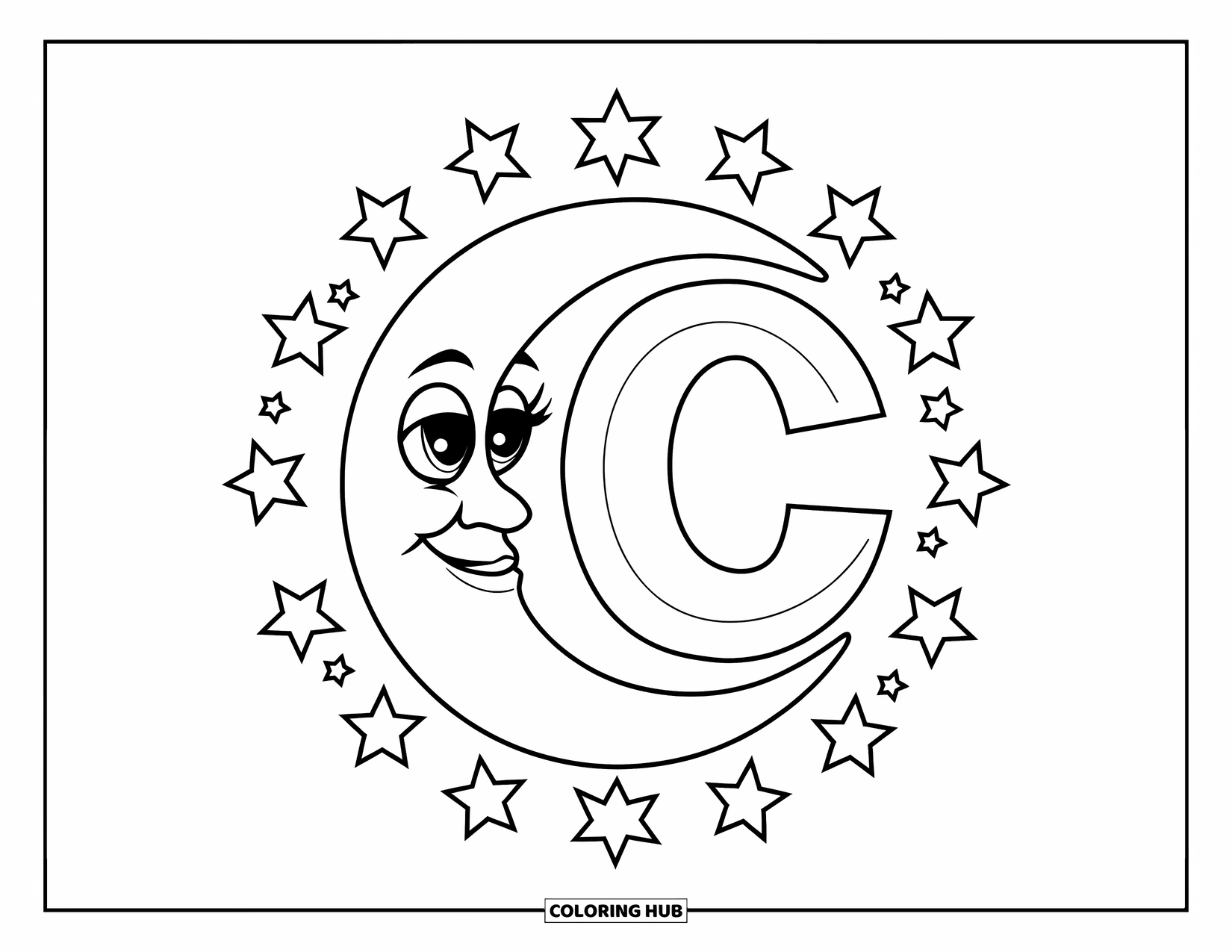 Letter C Coloring Page for Kids: Smiling moon and scattered stars dance around a big, cheerful letter C