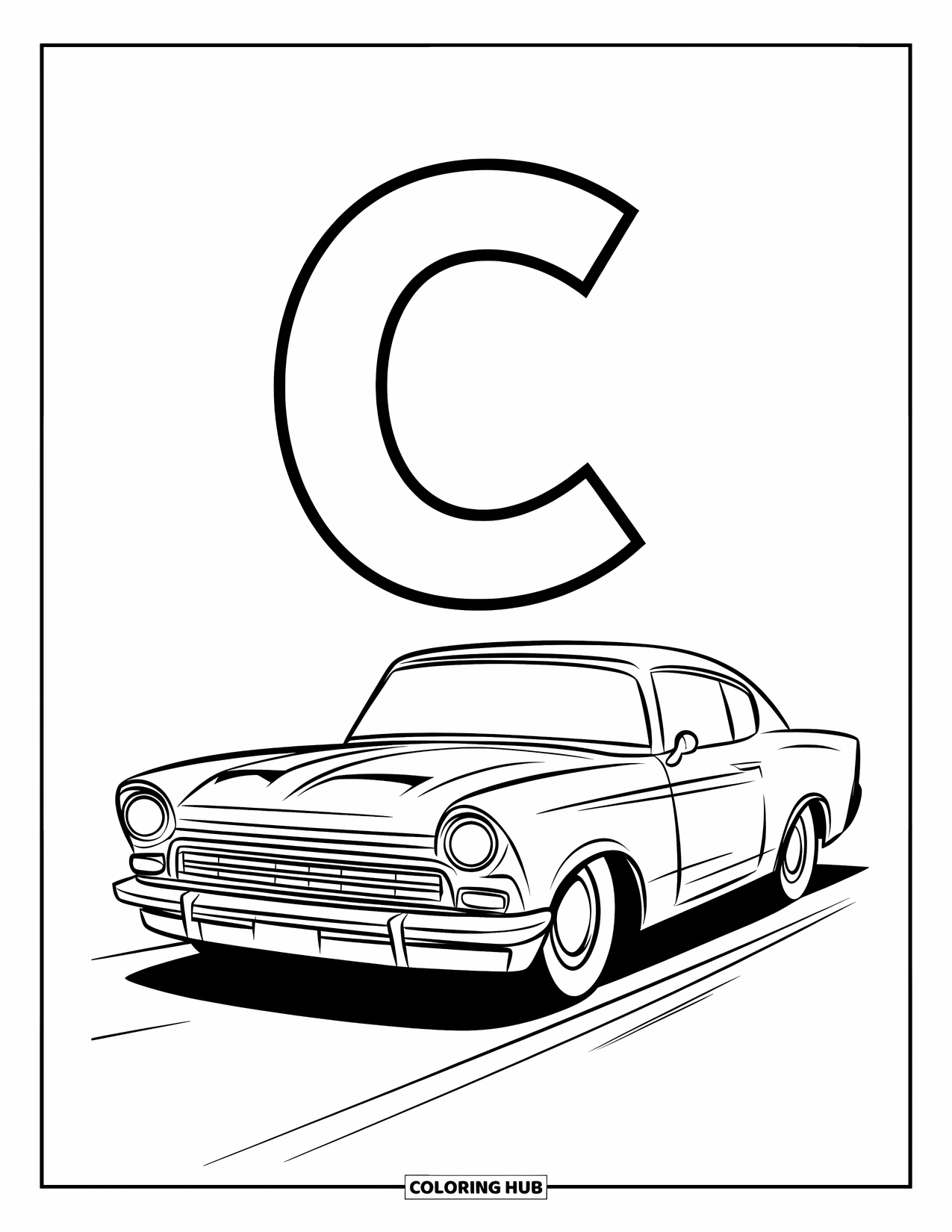 Letter C Coloring Page for Kids: Smooth little car drives along a road beneath a floating letter C