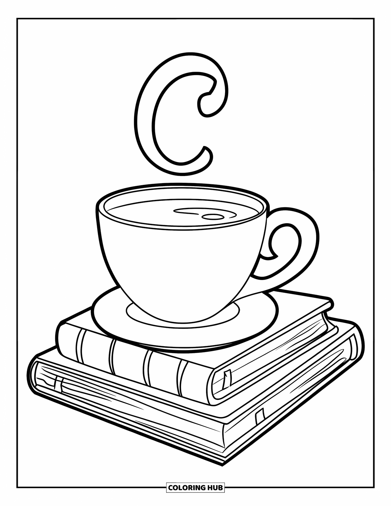 Letter C Coloring Page for Kids: Steam forms a soft letter C above a cozy coffee cup on stacked books