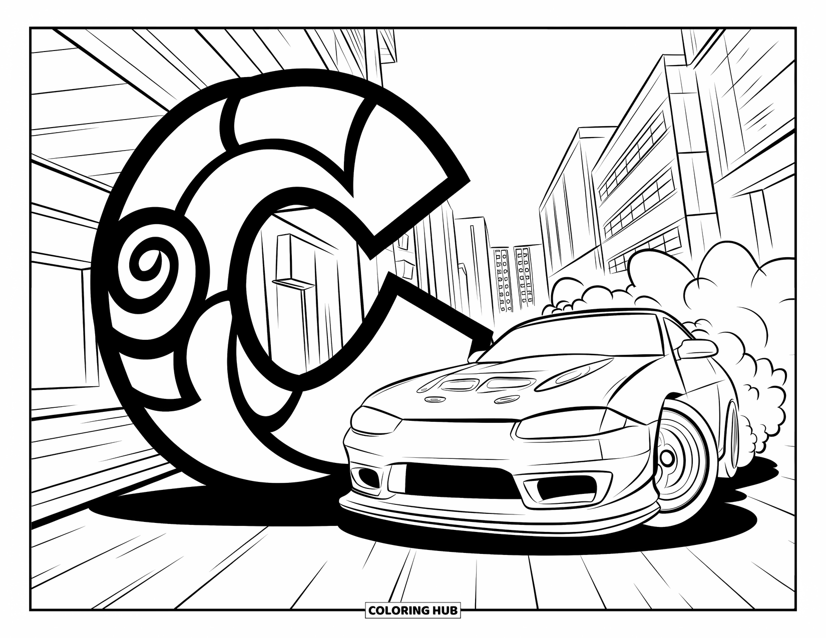 Letter C Coloring Page for Kids: Street-style C swirls beside a drifting car with smoke and city buildings