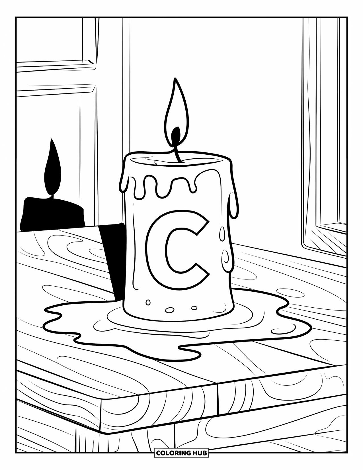 Letter C Coloring Page for Kids: Wax drips into a C shape from a candle lit on a wooden table