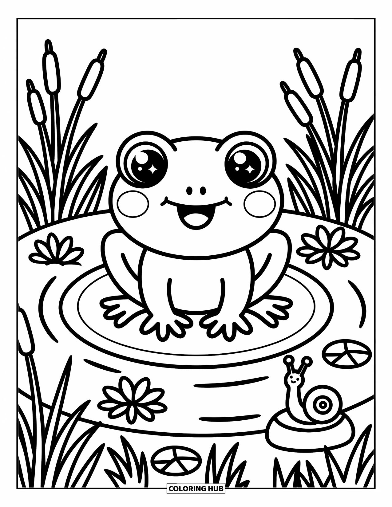 Letter F Coloring Page for Adults: A cheerful frog with big eyes rests near "F" with flowers and cattails