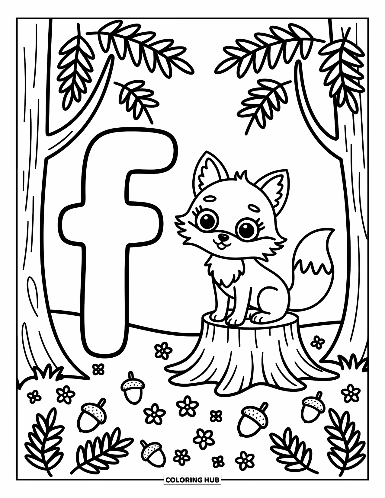 Letter F Coloring Page for Adults: A curious fox on a stump rests in the forest beside "F"