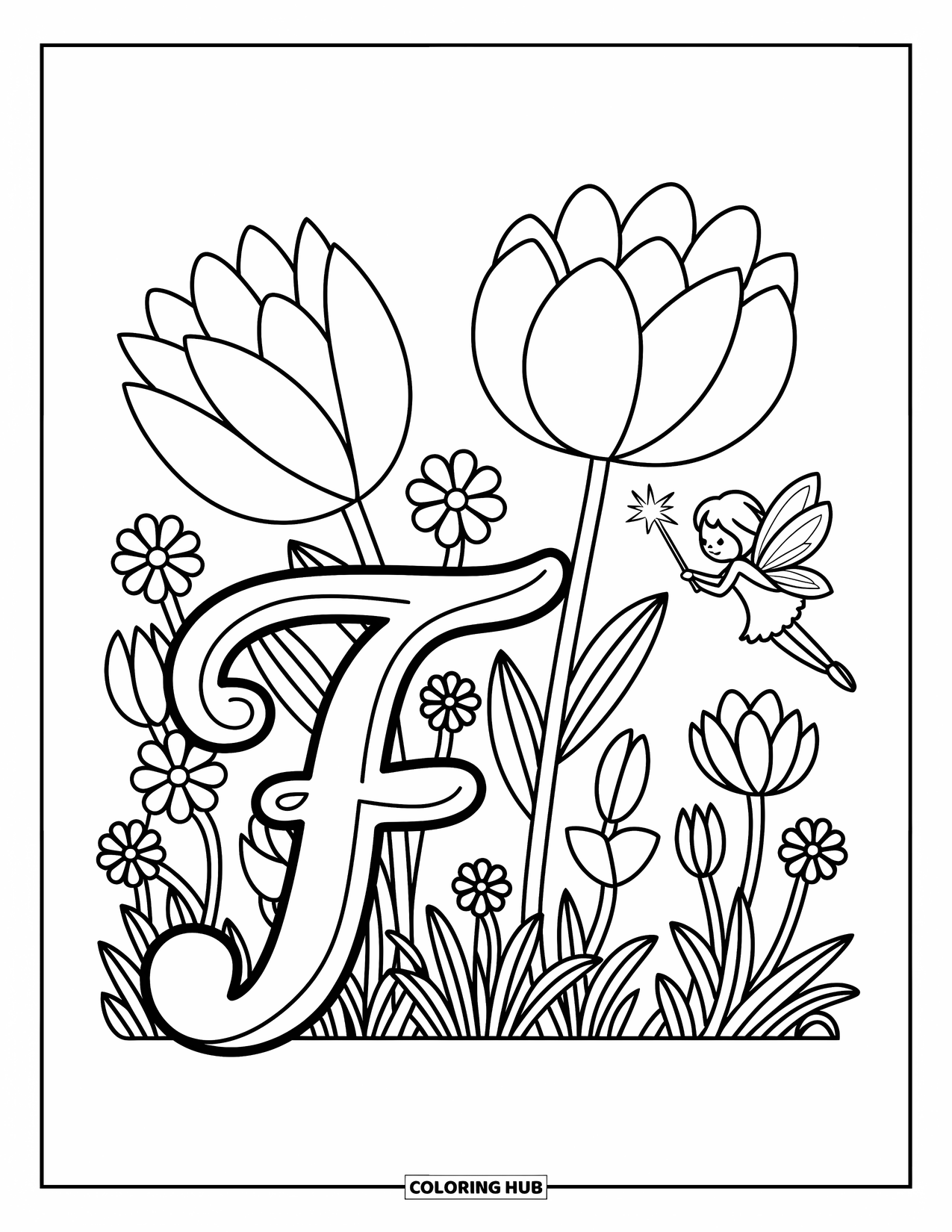 Letter F Coloring Page for Adults: A fairy with a sparkling wand floats near "F" in a magical flower garden