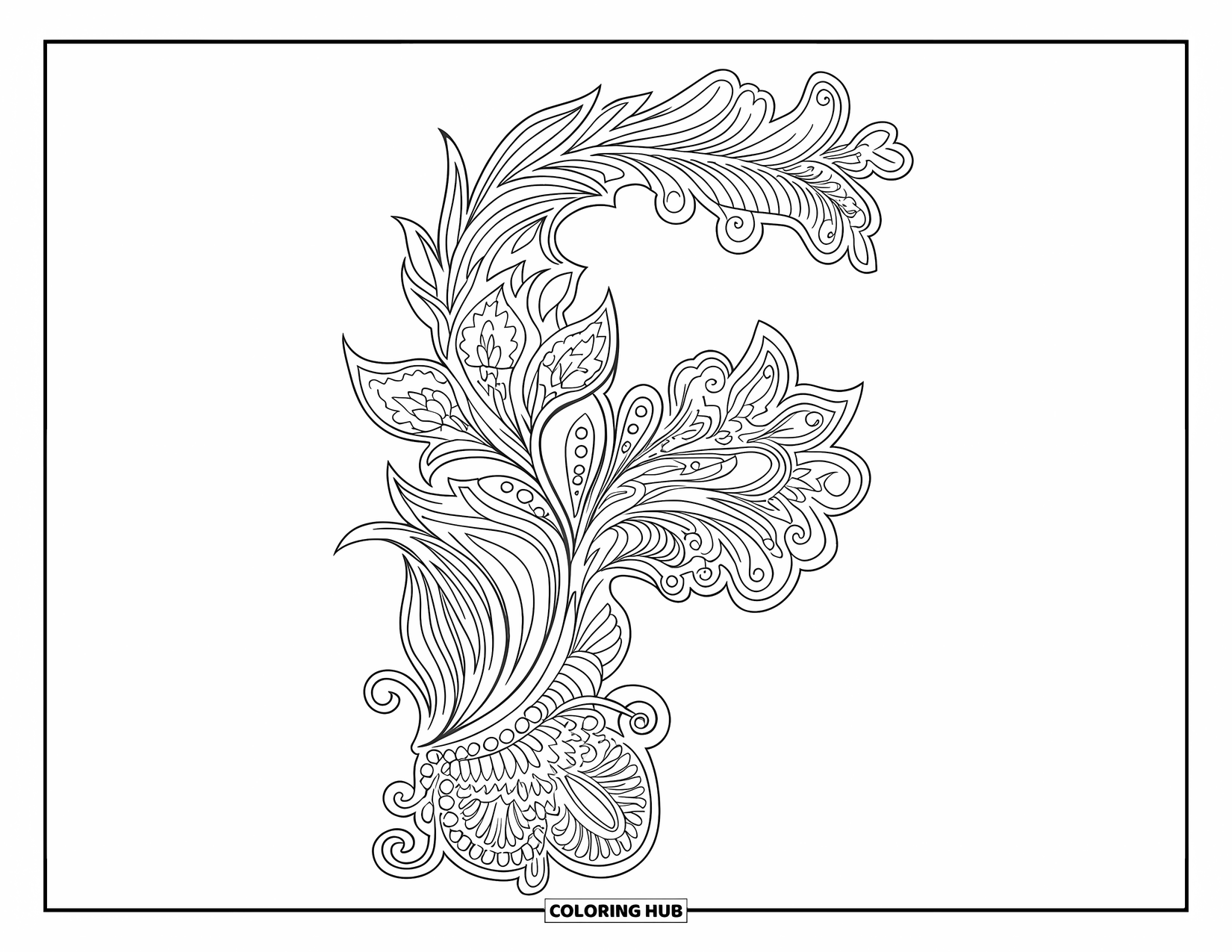 Letter F Coloring Page for Adults: A fiery mandala forms the letter "F" with florals, curls, and feathery stems