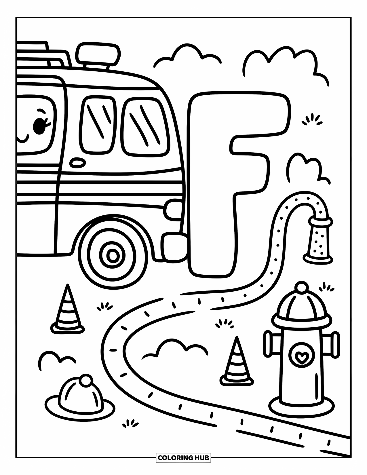 Letter F Coloring Page for Adults: A firetruck and traffic cones make a fun rescue scene near the letter "F"