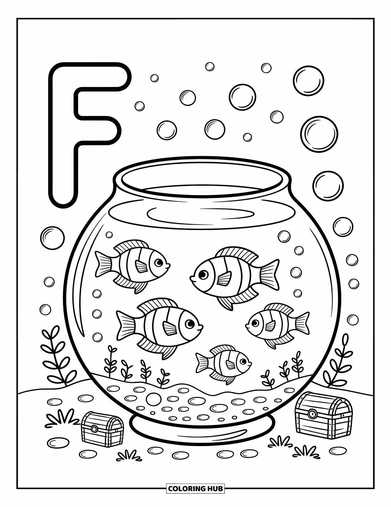 Letter F Coloring Page for Adults: A fishbowl full of happy fish and bubbles rests near the letter "F"