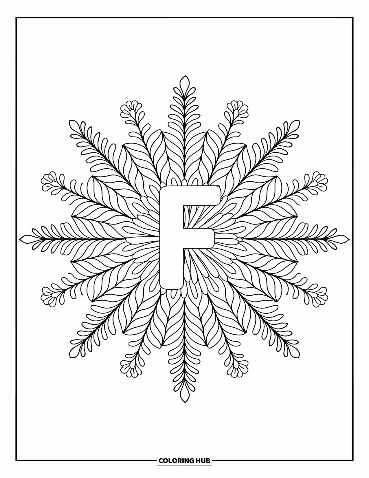 Letter F Coloring Page for Adults: A floral burst surrounds "F" with delicate leaves, ferns, and petal patterns