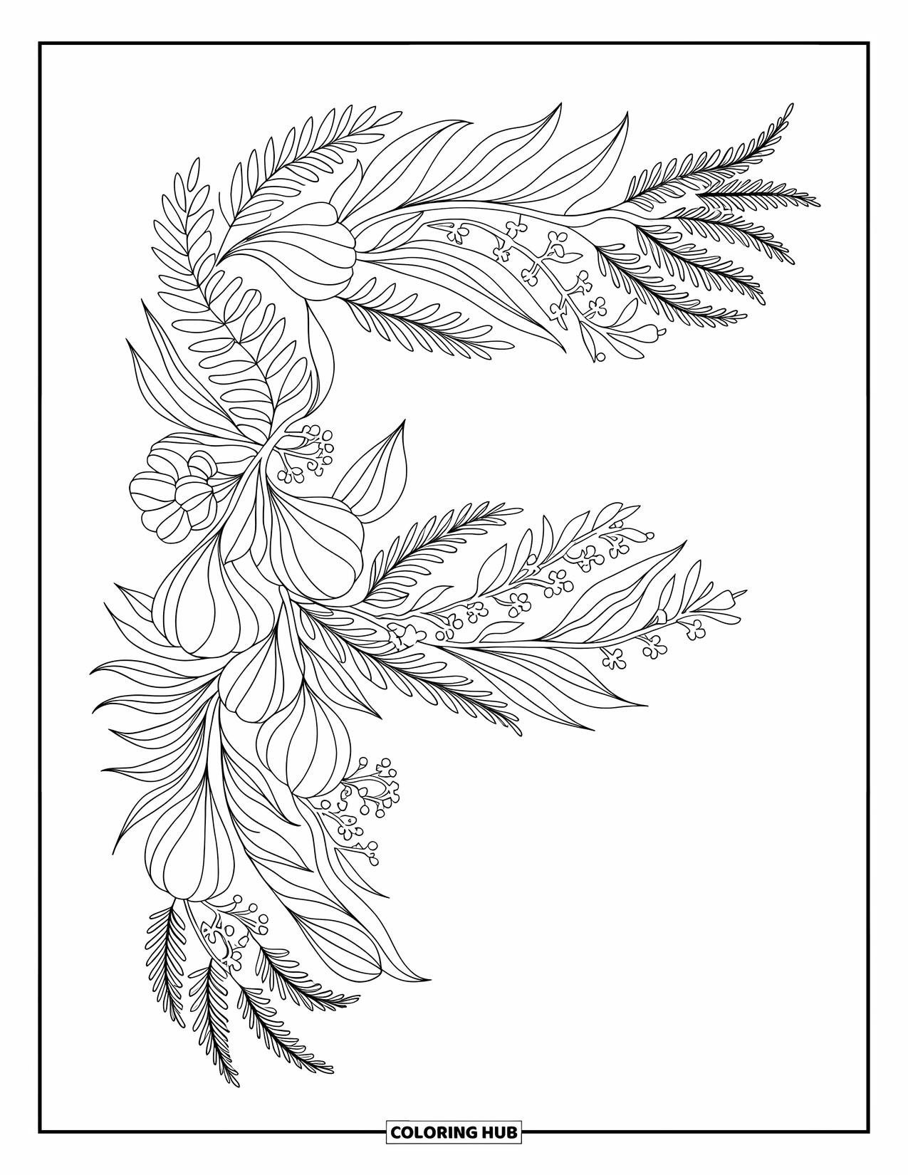 Letter F Coloring Page for Adults: A letter "F" is made of woven ferns, fig branches, and wildflowers