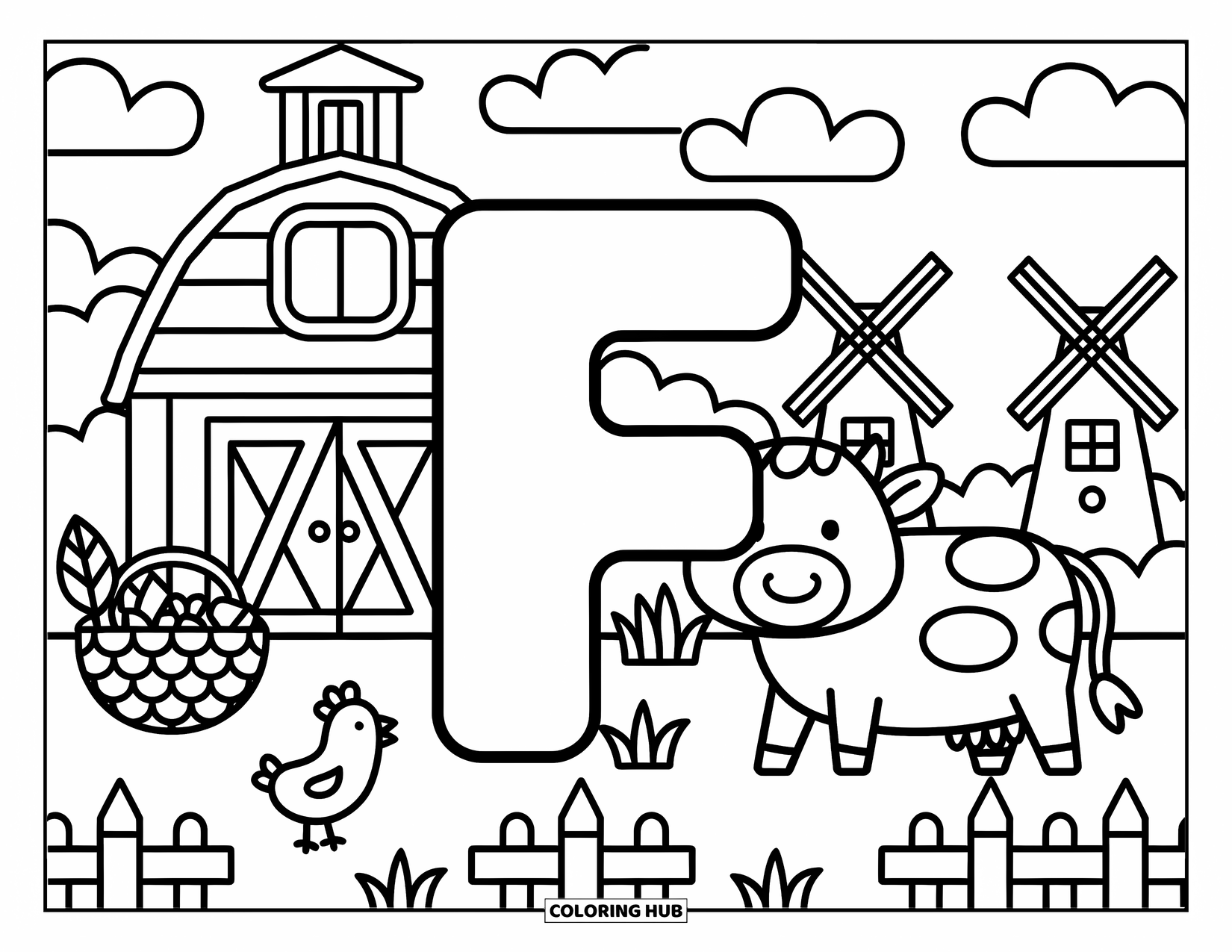 Letter F Coloring Page for Adults: A round-roof barn and cheerful animals surround the letter "F"
