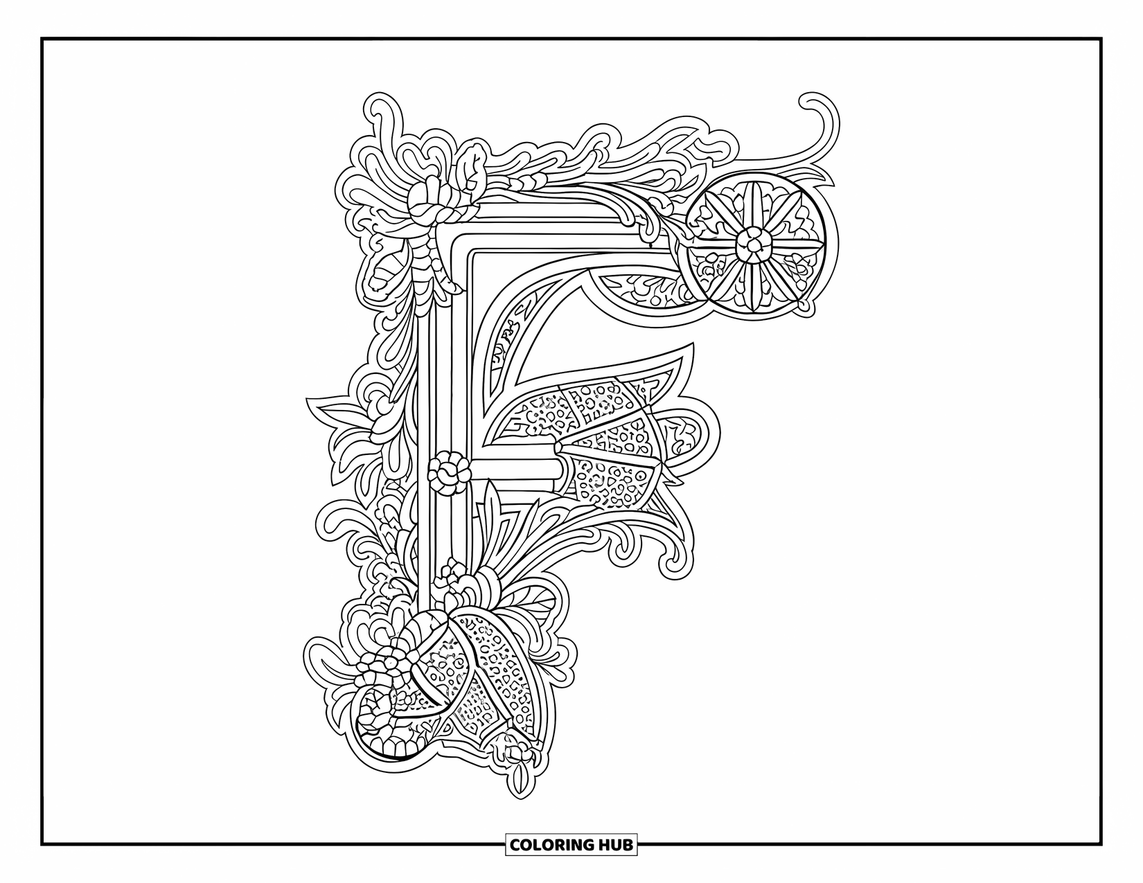 Letter F Coloring Page for Adults: A stylish "F" is framed by gothic swirls and floral stained glass shapes