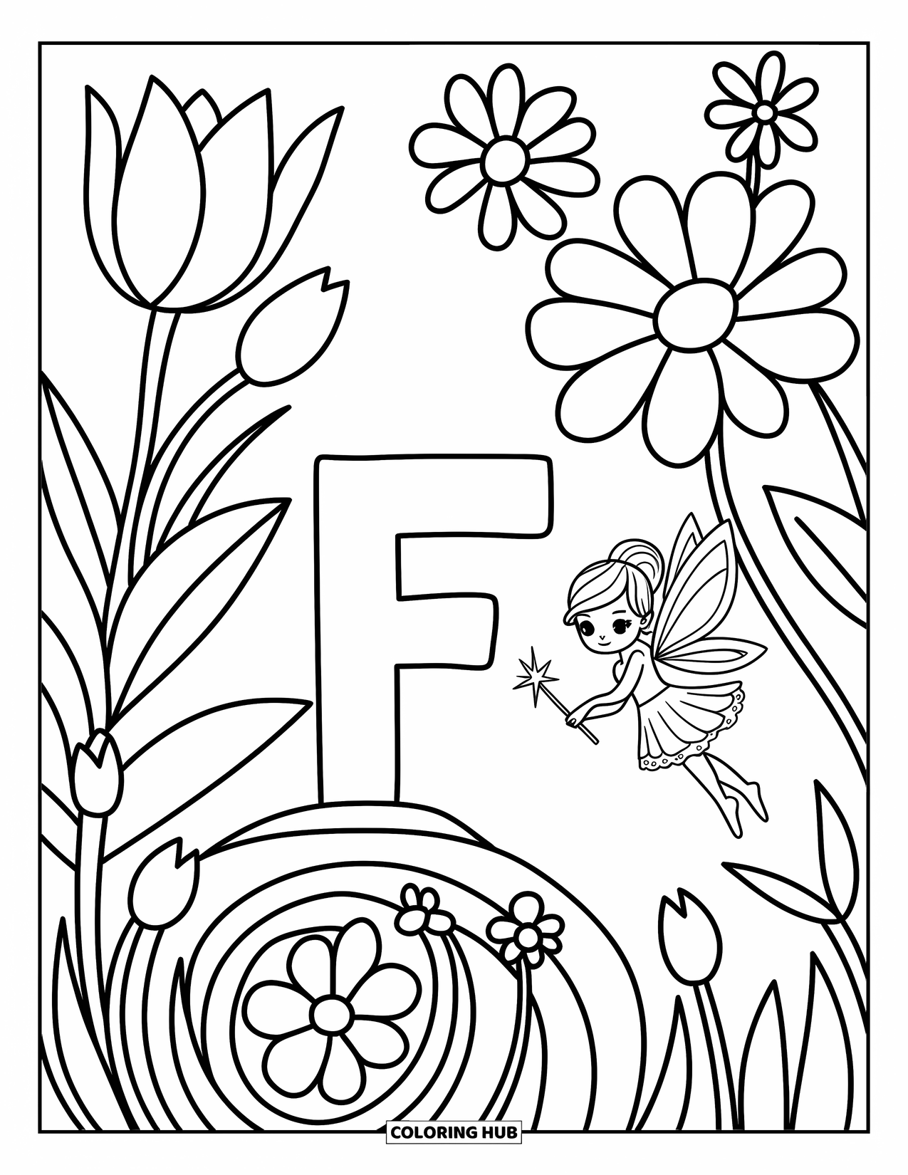 Letter F Coloring Page for Adults: A tiny fairy and giant tulips brighten the scene beside the letter "F"