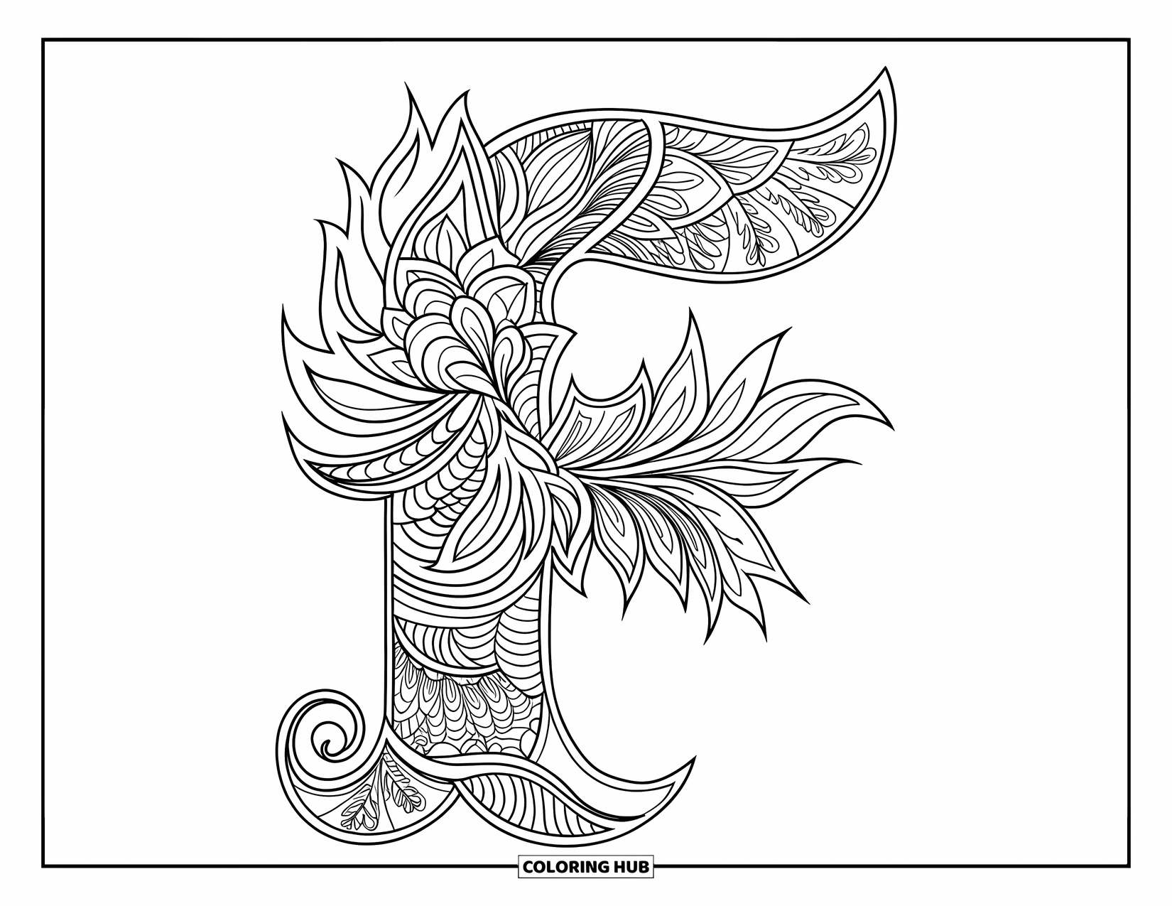 Letter F Coloring Page for Adults: An intricate floral mandala forms a bold, fire-inspired letter "F"