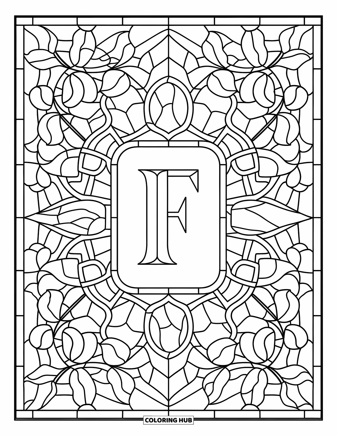 Letter F Coloring Page for Adults: "F" is centered in a window-like design of petals, figs, and glass shards
