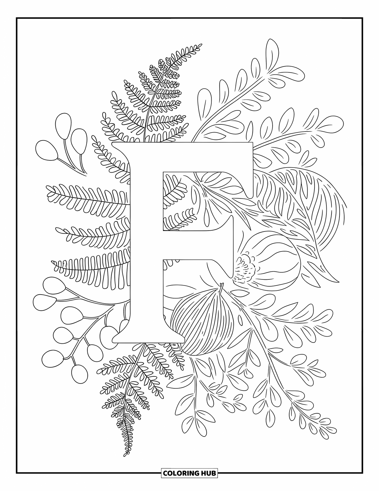 Letter F Coloring Page for Adults: "F" is wrapped in a design of ferns, flowers, and fig branches