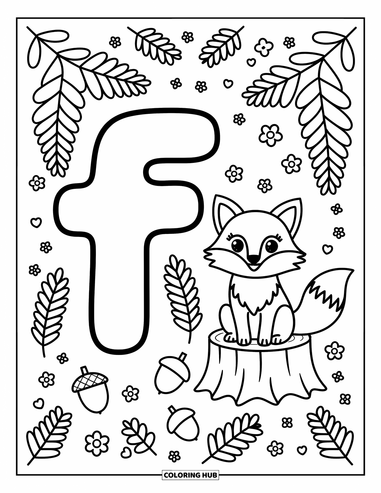 Letter F Coloring Page for Adults: "F" stands near a fluffy-tailed fox and tiny forest details