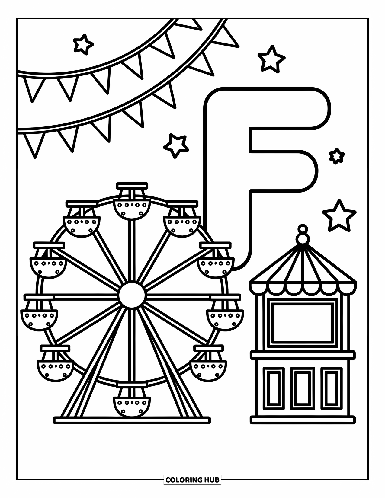 Letter F Coloring Page for Adults: Festive bunting and a Ferris wheel sit playfully beside the letter "F"