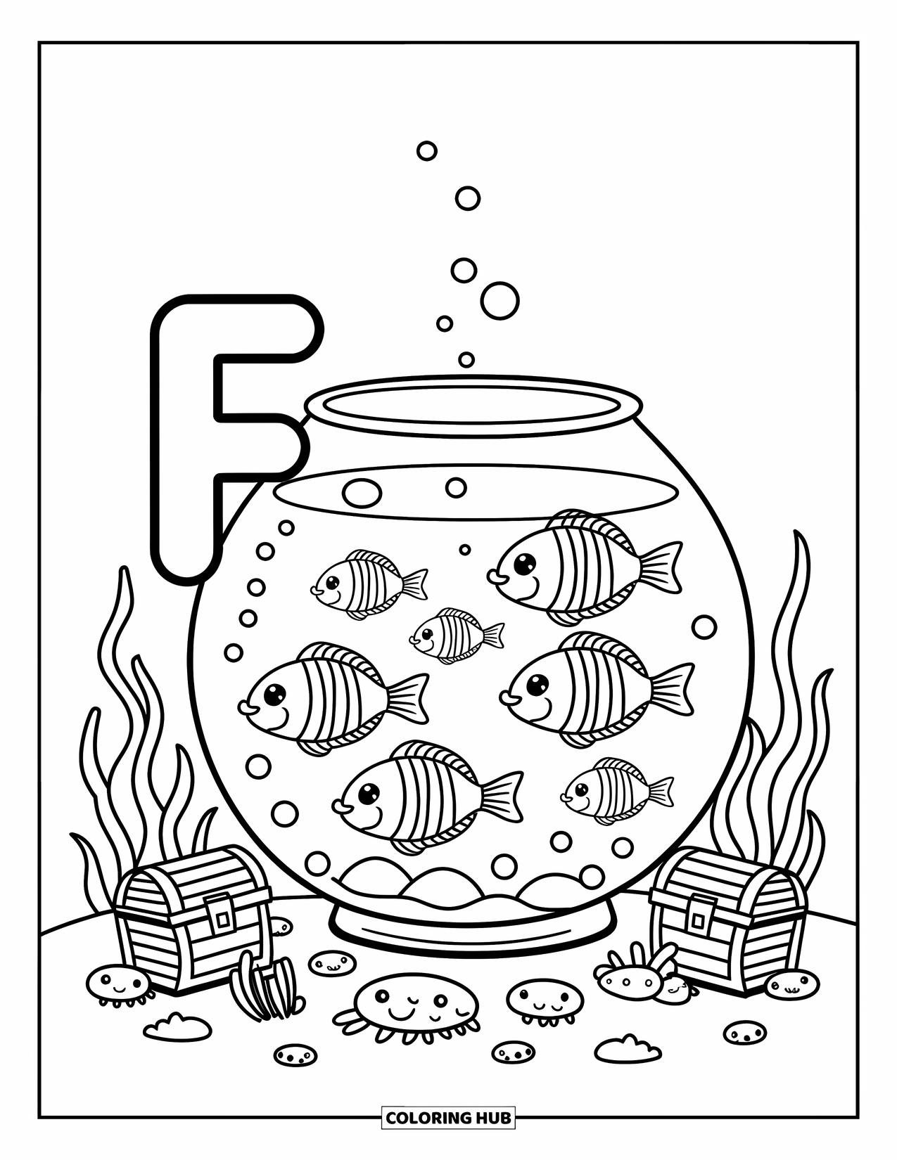 Letter F Coloring Page for Adults: Floating bubbles and swimming fish surround the letter "F"