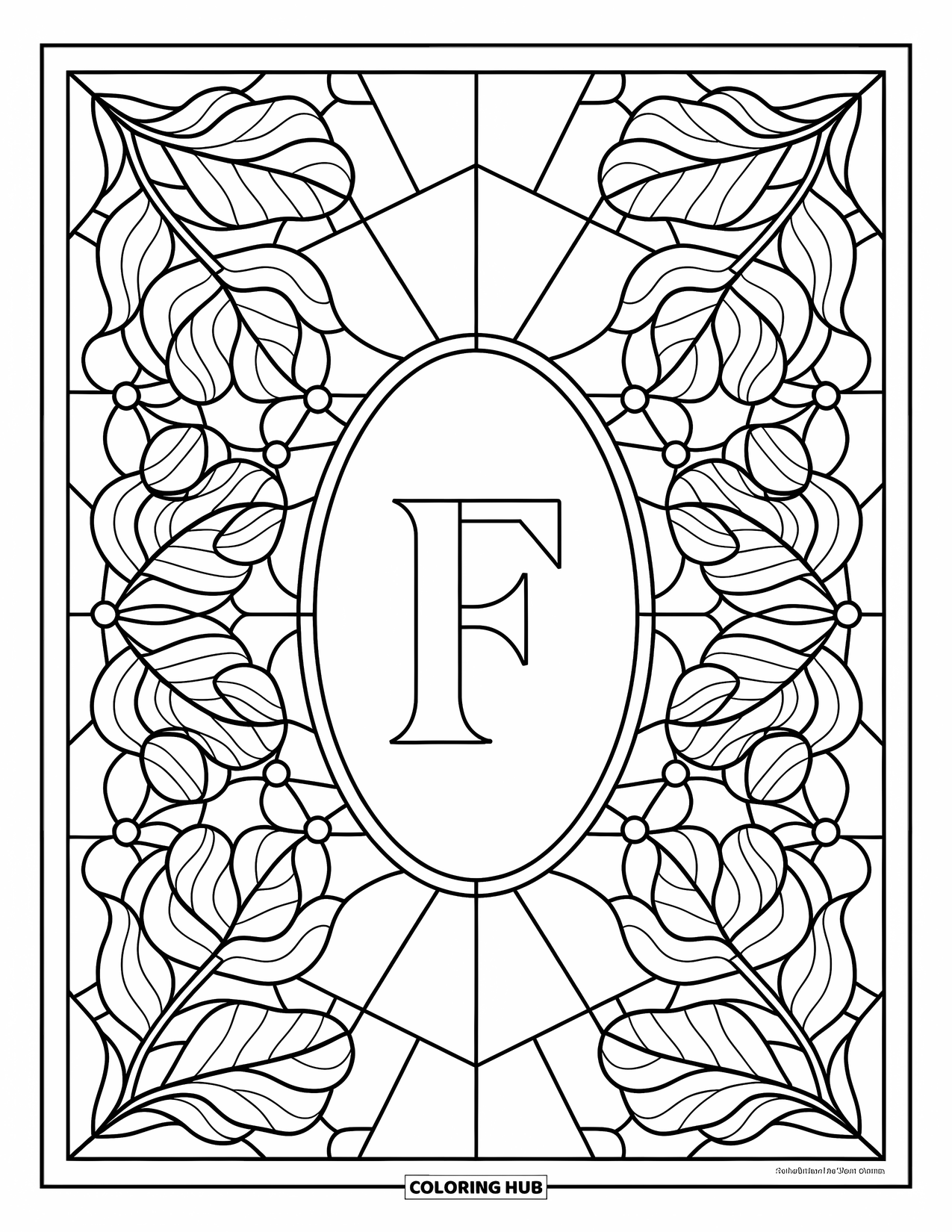 Letter F Coloring Page for Adults: The letter "F" is framed by fig leaves, flower petals, and glass-like shards