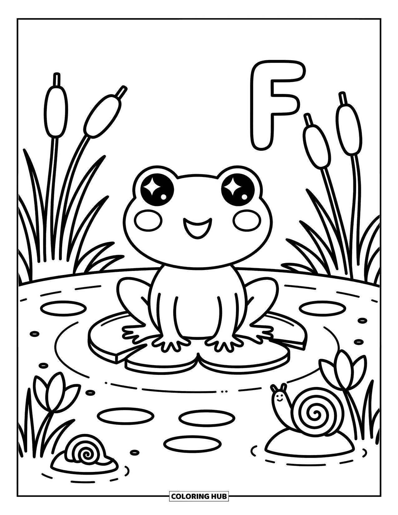Letter F Coloring Page for Adults: The letter "F" sits beside a happy frog, snail, and soft pond plants