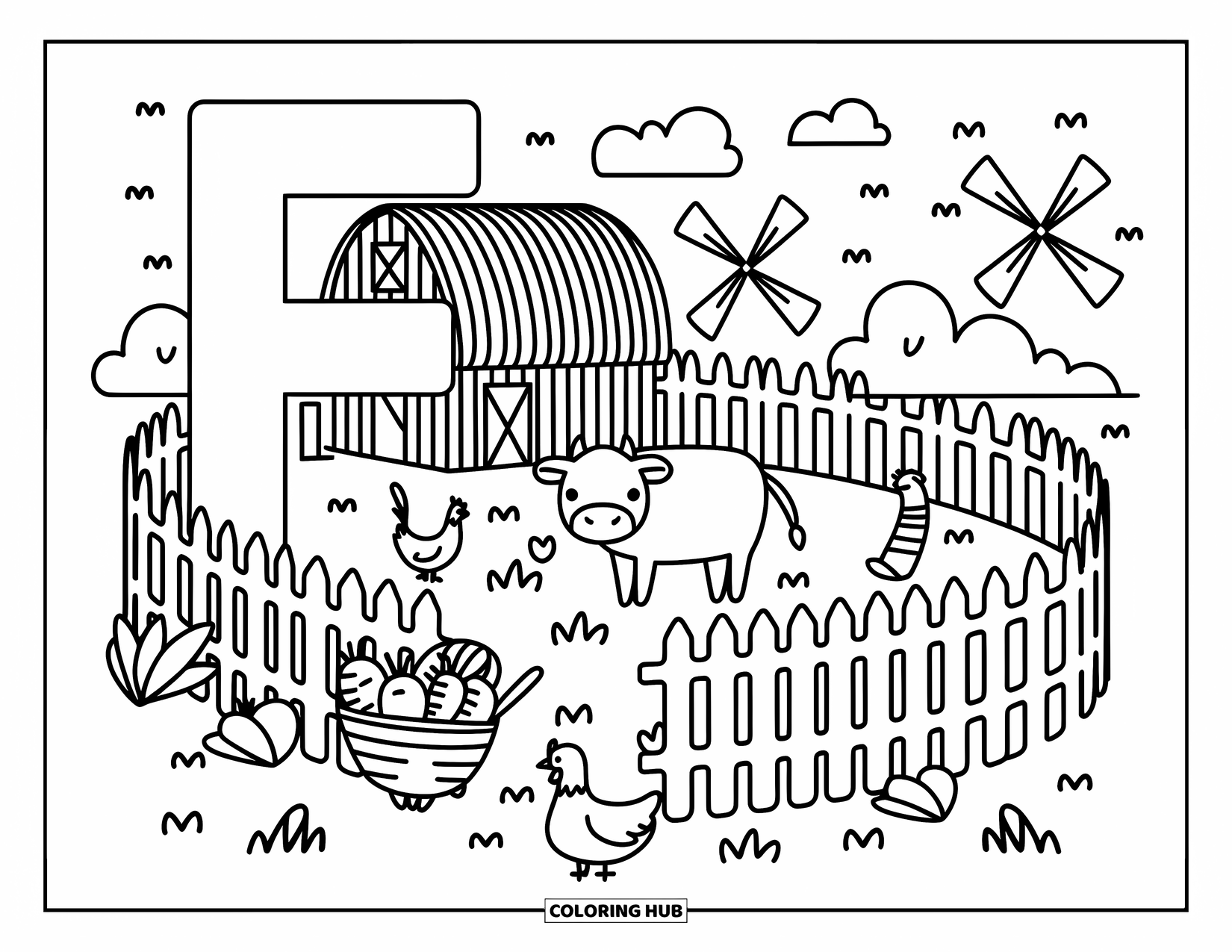Letter F Coloring Page for Adults: The letter "F" stands in a cute farm scene with a barn and happy animals