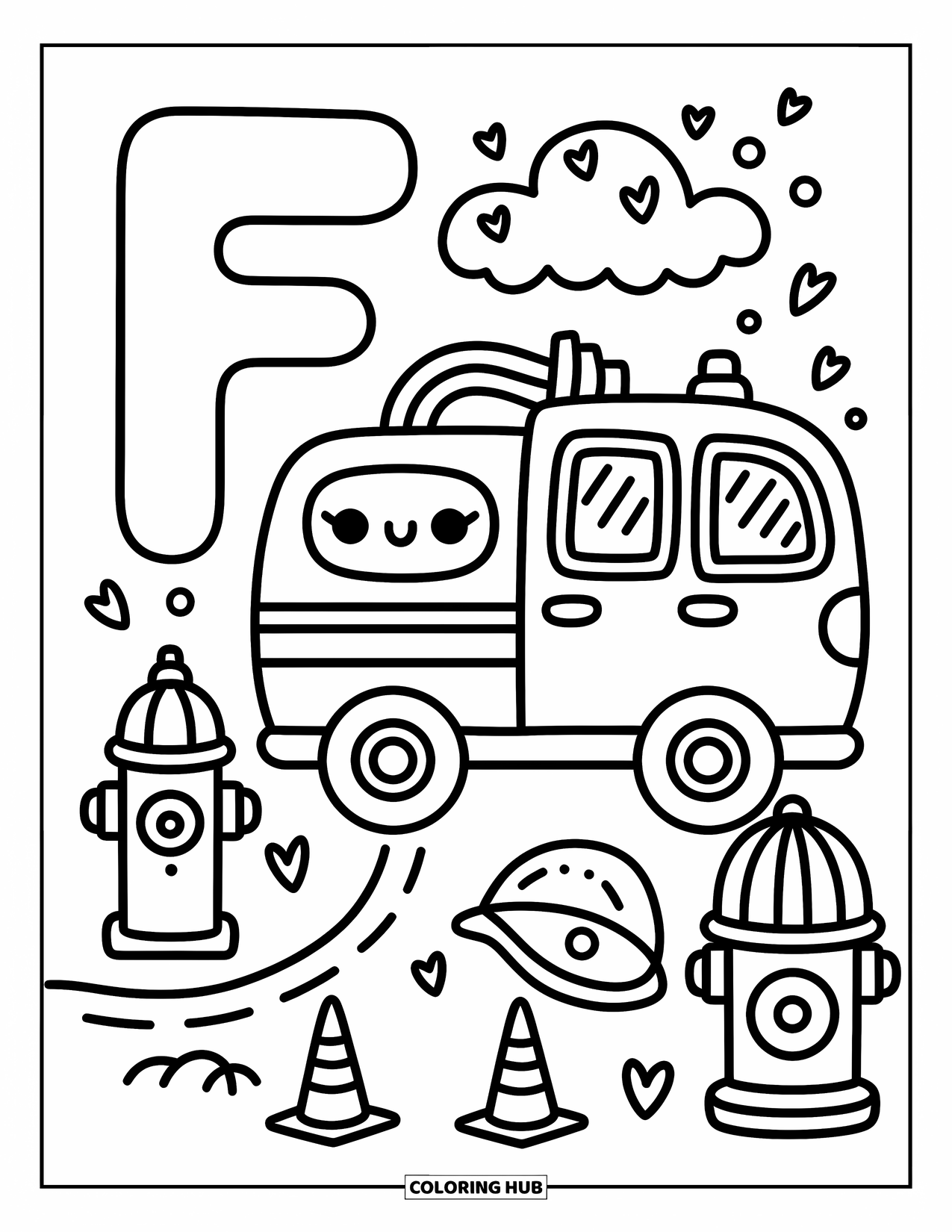 Letter F Coloring Page for Adults: The letter "F" stands proudly beside a cute firetruck and hydrant