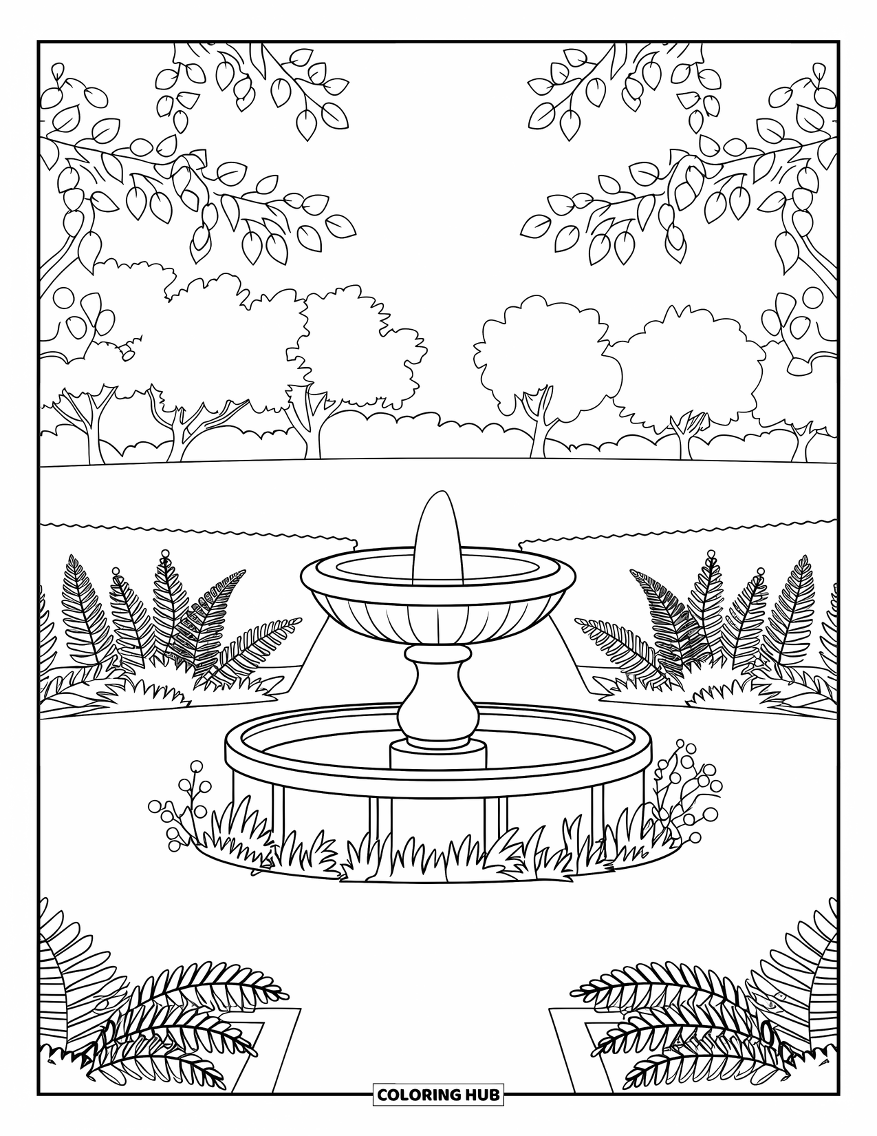 Letter F Coloring Page for Kids: A classic fountain is surrounded by ferns and fig trees in a quiet field