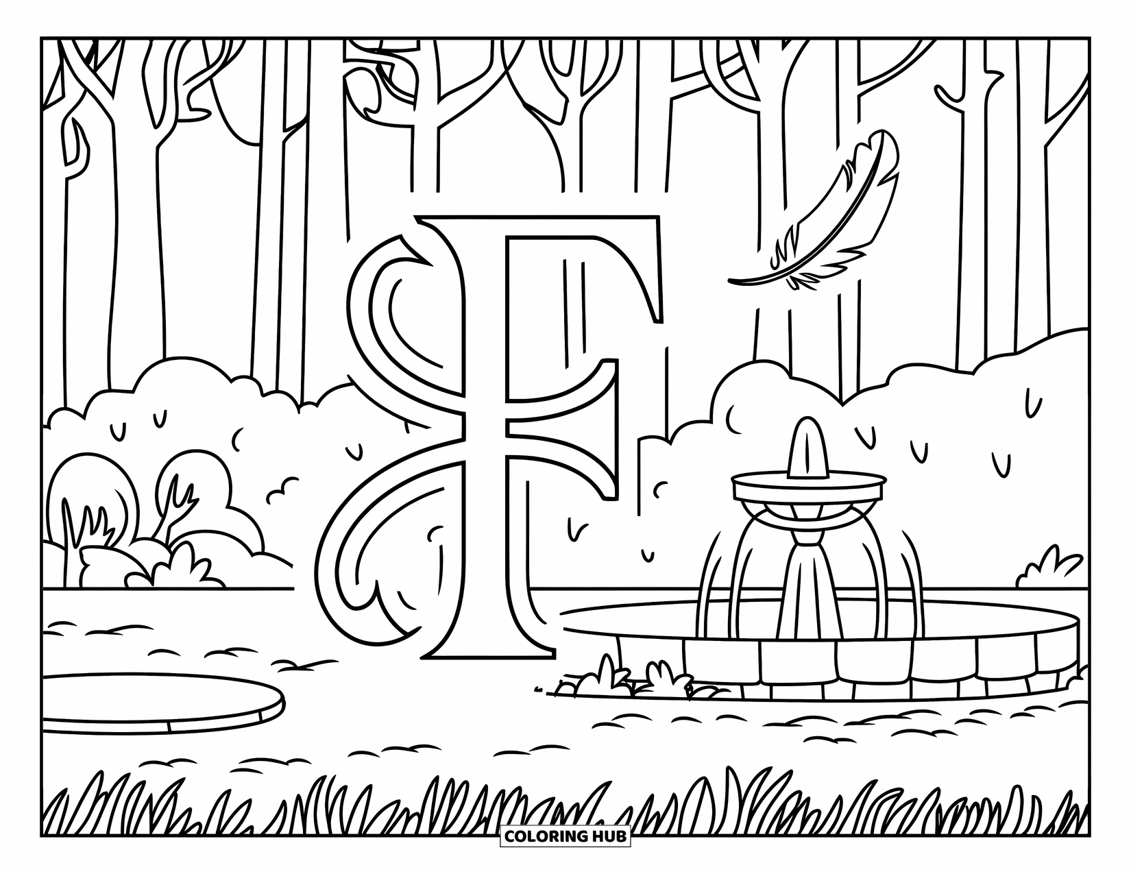 Letter F Coloring Page for Kids: A feather drifts past a forest fountain with the letter F