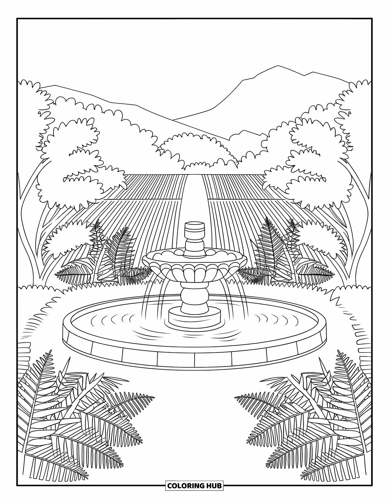Letter F Coloring Page for Kids: A fountain with flowing water sits among fig trees and field grasses