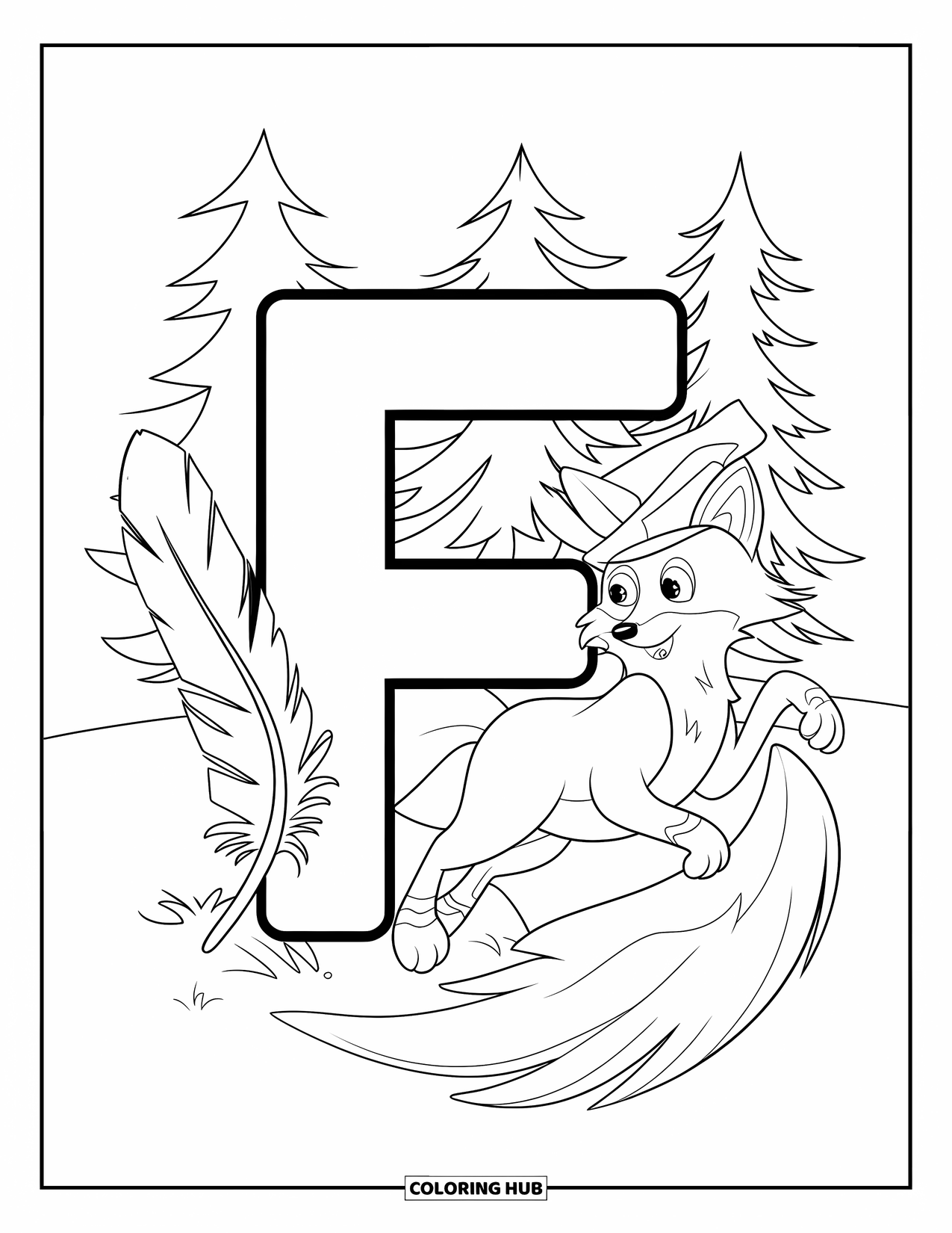 Letter F Coloring Page for Kids: A fox jumps near F while a feather floats by forest trees