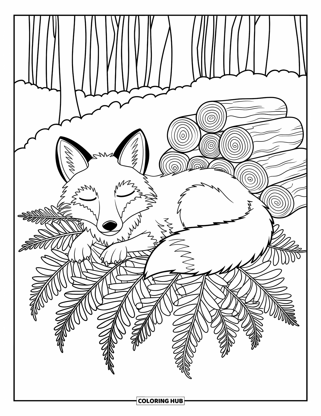 Letter F Coloring Page for Kids: A fox naps on soft ferns beside a neat stack of firewood