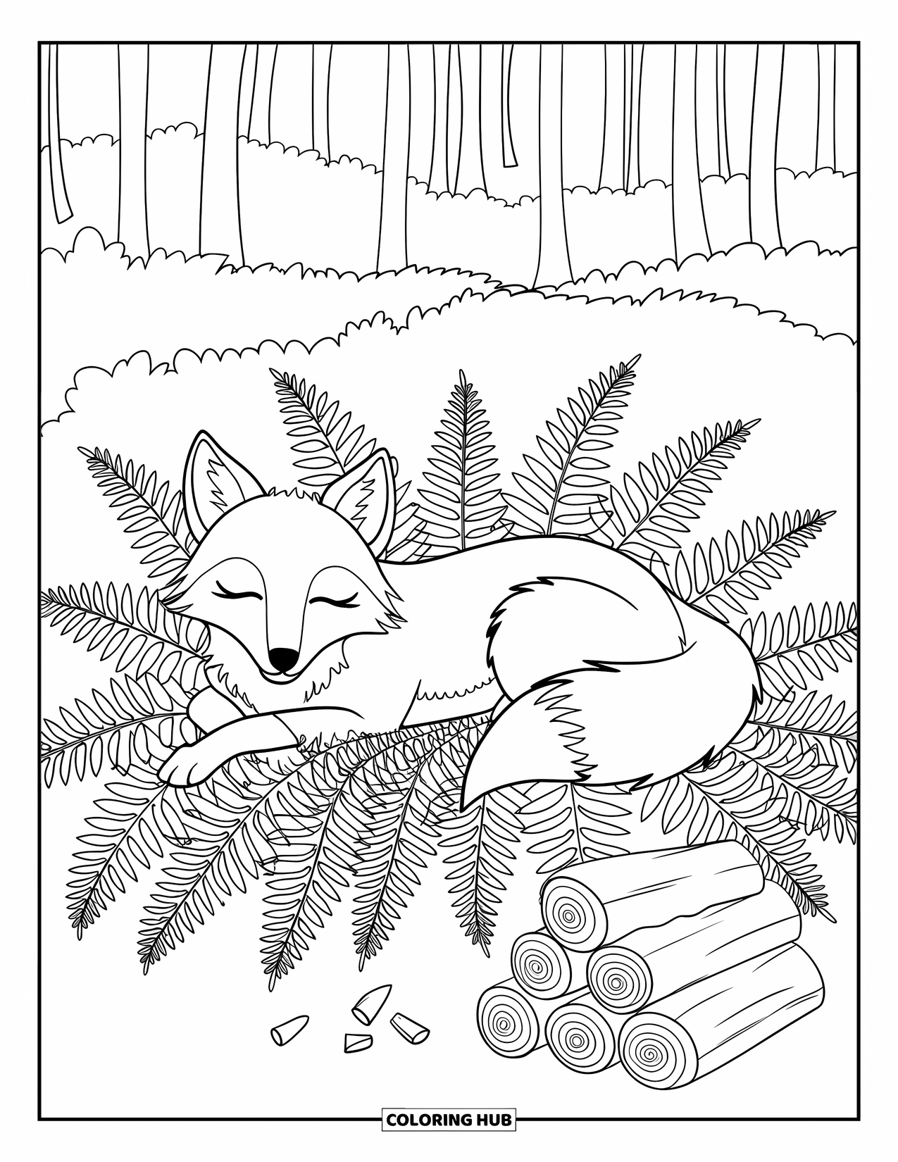 Letter F Coloring Page for Kids: A fox sleeps peacefully on ferns near tidy firewood in the forest